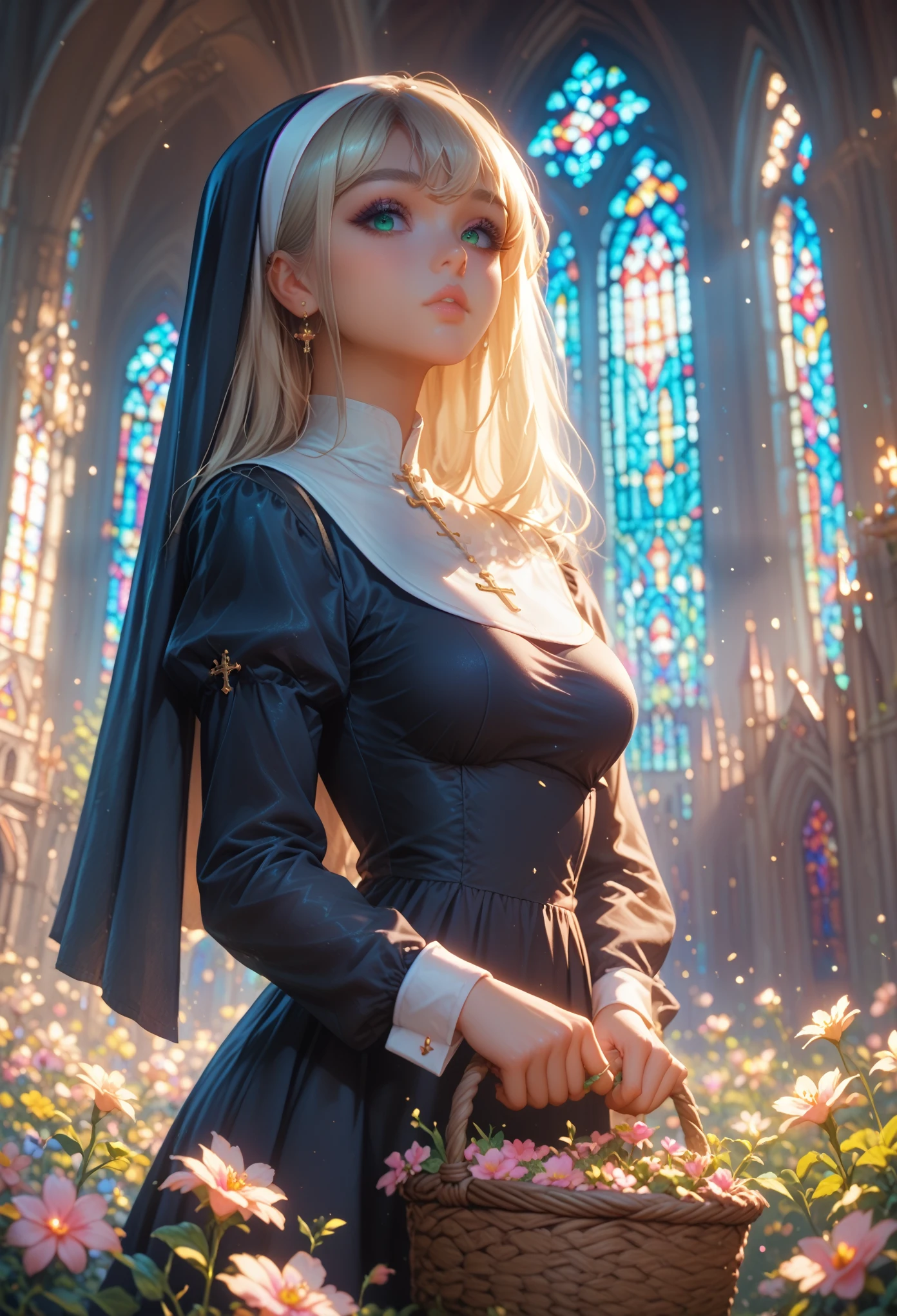 Аниме young woman, sexy, Charming, curvy shapes, a nun, Standing with a basket in his hand near the Cathedral Church, Near the Church There is a Fence on Which Flowers Grow, young woman, Like Picking a Flower,