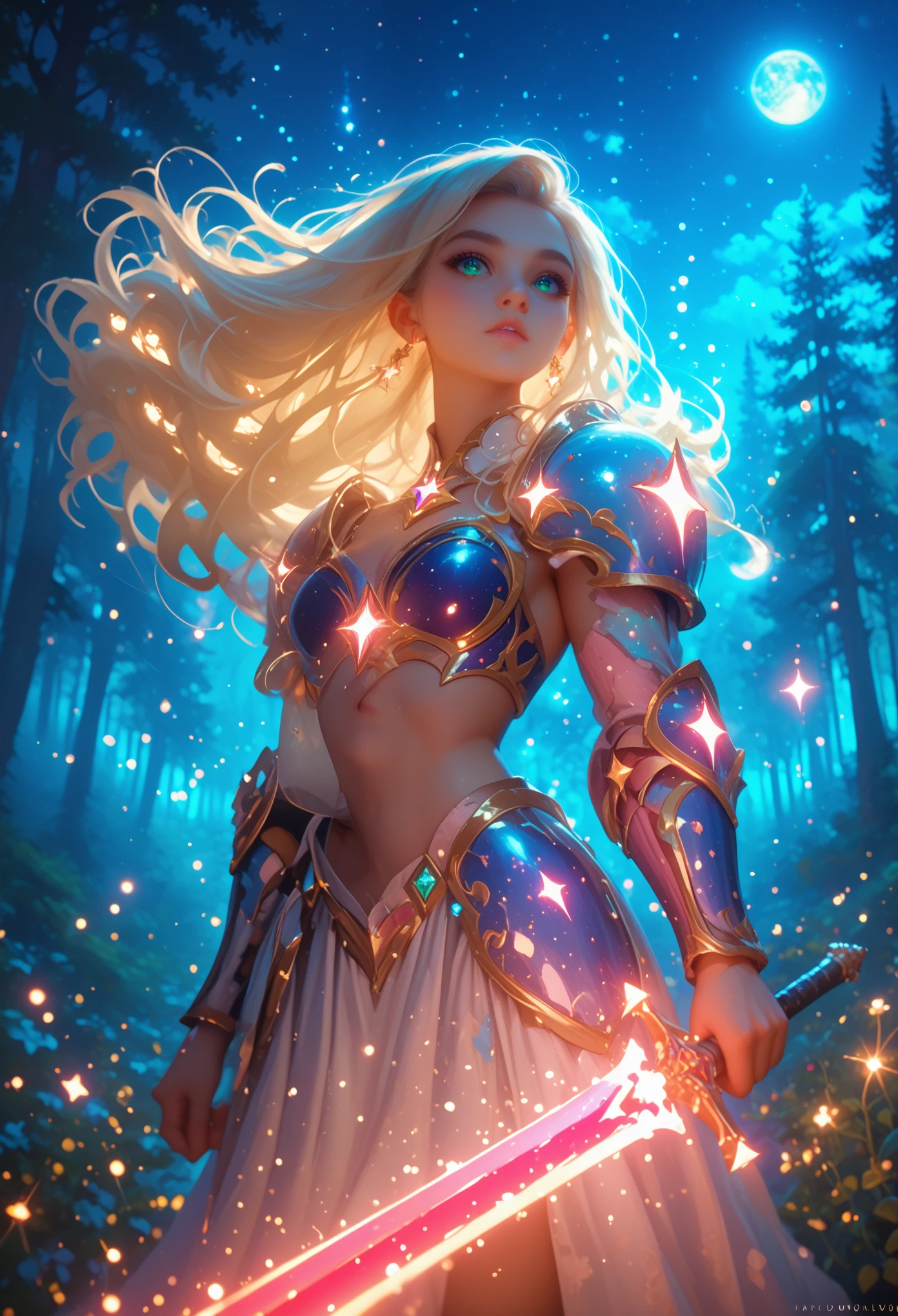 Girl Dressed in Heavy Armor with Patterns, ideal figure, Sweet Look, Beautiful Hair the Color of the Azure Sky Sparkles Like Star Dust, in armor, Держит в руке Меч Большой sparkles с Узорами, Game of Shadows, Forest Lights Background, Mysticism, magic, sparkles, shines, long chic hair, Very Exciting , Very Warm Atmosphere, Night, moon, many details, wind, trees, Game of Shadows, Light Falls on the Girl,
