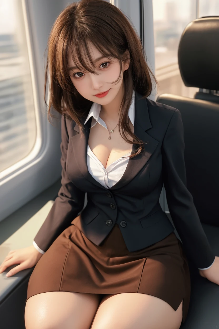 ((((highest quality))))、(((Ultra-precision CG16K wallpaper)))、(((masterpiece)))、(((Super detailed)))、(((Extreme detail)))、((1Mature 29 year old woman:1.6))、((Very beautiful Japanese faces))、((Yua Mikami:1.5))、((Soft wavy medium long hair、blunt bangs:1.5))、(Shiny brown hair)、Beautiful brown eyes、Clearly defined pupils、eyeliner、eye shadow、High nose、Small nostrils、Small Mouth、Seductive lips、Beautiful breasts、((C cup size breasts))、Cleavage、Voluptuous body、eight-headed body、Perfect proportions、Perfect Anatomy、Perfect composition、Beautiful detailed shading、Beautiful, natural lighting、Beautiful detail glow、Depth of written boundary、(((High chroma)))、(((Real:1.9)))、((vivid:1.5))、((Beautiful Skin))、((Skin Texture))、((Realな皮膚感))、(((Cowboy Shot:1.6)))、((Front view、shoot from front、Front low angle:1.6))、(((smile:1.4)))、((The woman is looking at this、looking at viewer、Facing forward:1.6))、Bright daylight、Natural light、(((Riverbank、Tree-lined street:1.5)))、(Sitting pose:1.6)、(((White business suit、White slit miniskirt clothing:1.6)))、((Earrings、Wearing a necklace:1.3))、(((woman is sitting on a bench:1.6)))、