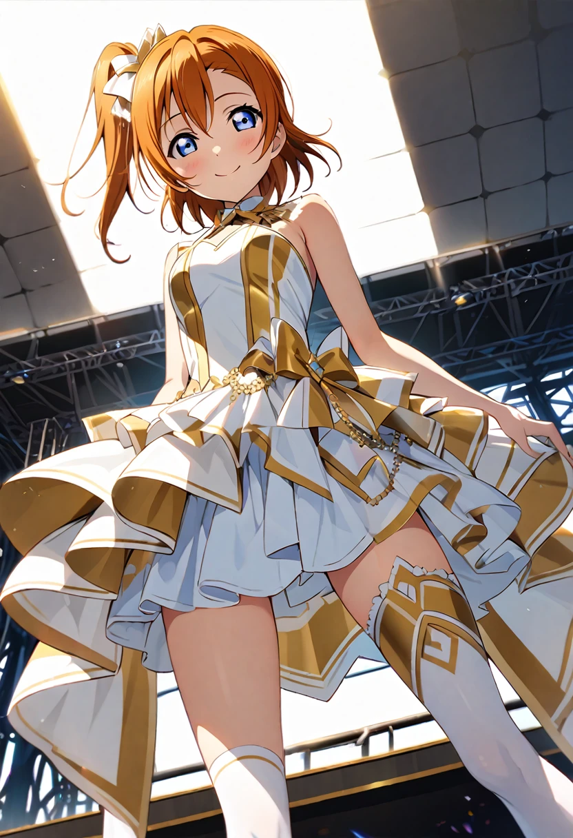 ((Pixel Perfect, Perfect detail))), (woman),(slender body, Medium Breast), (((Underskirt angle view, I can see her panties,))), Alone, Solo Girl, Honoka Kosaka, 1, (A gorgeous idol dress in white and gold,:1.8 ), Viewer Perspective, smile, , MS, Love Live!!! ,stage, (White panties), (Detailed panties), (Frill Panties), {{self skirt lift}}, (blue eyes, Detailed Shadows, Detailed face, Orange Hair, One-sided ponytail, Short Hair), ((Thigh-high white socks with grey ruffles on the top)), ((Low angle:1.0)),