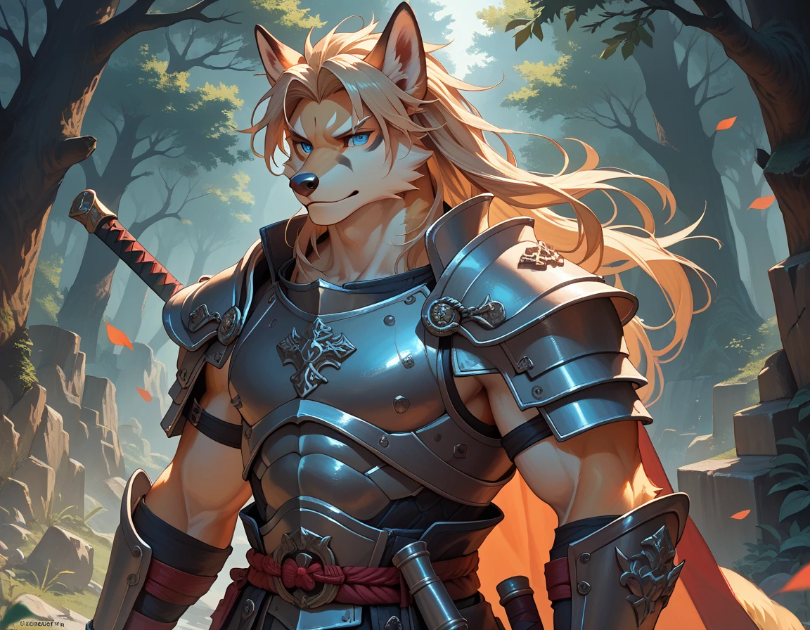 (solo), male anthro fox, beige fur, long dark beige hair, blue eyes, warrior, armor, japanese, muscular, 