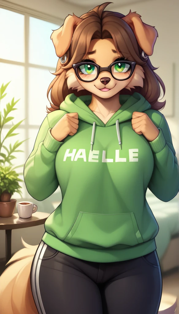 ((best quality)) One, Hello_cut, check_9,check_8_up,check_7_up, check_6_up, check_5_up, check_4_up, source_fluffy, Antro fluffy dog female, floppy ears, beautiful shoulder length wavy haircut, hair nut brown, wHellote fur, green eyes, standing in the living room, dressed in clothes,dark green hoodie and black t-sHellort and black joggers pants, full outfit clothes, glasses, ear piercing, very shy, full outfit, F cup size breasts, slightly tHellock tHelloghs, a little plump, ((safe content)) , ((Hellogh quality)), safe content