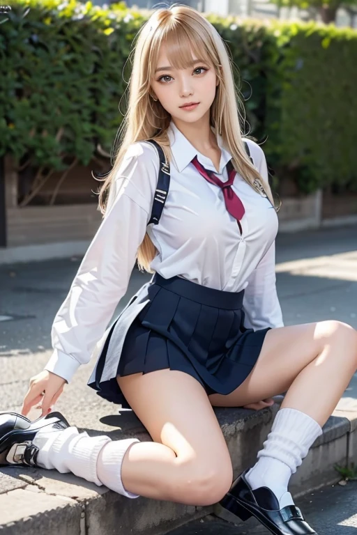 High resolution, Best Quality, High detail, One girl,beautiful girl, large breasts,school girl,school uniform,,loose socks,white loose socks,Blonde,gal,Gal Makeup,black loafer shoes,gal.pantypek safetensors,white panty,Bangs, 