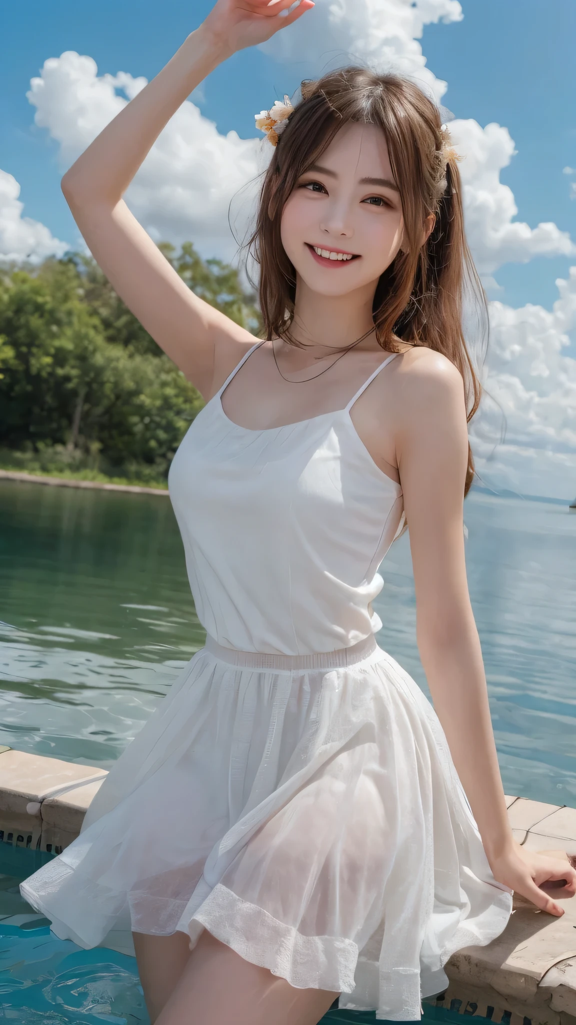 (great masterpiece、high-level image quality、hightquality)、That Pure Girl、Japan Woman、Girl in a port city、a straw fedora hat、sea breeze、harbour、Accurate and perfect anatomy、Beautiful and perfect limbs、cute little、Hair glows、Clear eyes、Beautiful skin、White blouse、skirt by the、Live in a new love、The morning when the ship leaves、Blue Clear World、