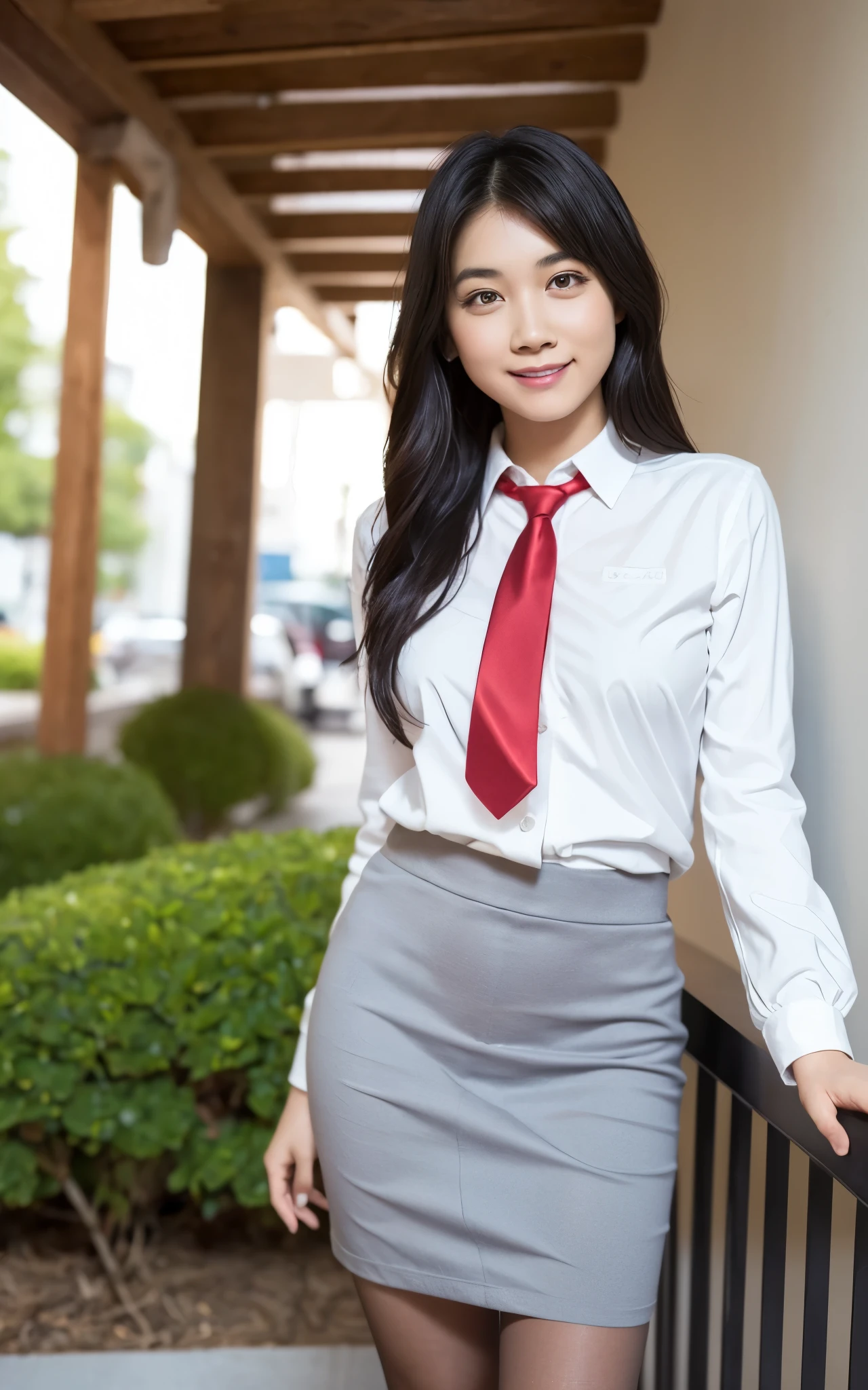 girl, Hyper Realistic, masterpiece, smile, portrait, bobhair, light gray pencil skirt suit, white shirt, red necktie, pantyhose