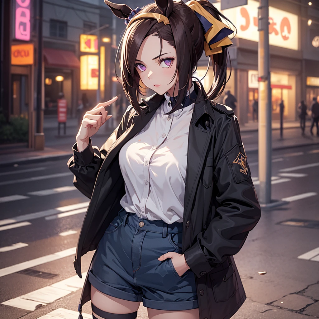 (​masterpiece、top-quality、hight resolution、Unity 8k、extremely details CG:1,Best Picture), glistening clothing, breasts out, bra, Sakura Bakushin O (umamusume), horse girl, horse ears, Generate an image of a beautiful street prostitute standing silently in a nearly deserted street at night. She wears an outfit that highlights her figure, suitable for a street worker, but her expression is completely blank, and she is quietly displaying her body in a subtle, almost mechanical way. Her posture is deliberate and controlled, emphasizing her physical beauty without a single word or gesture. The setting is a quiet, dimly lit street with few people around, creating a stark contrast between her silent demeanor and the suggestive nature of her presence. open shirt