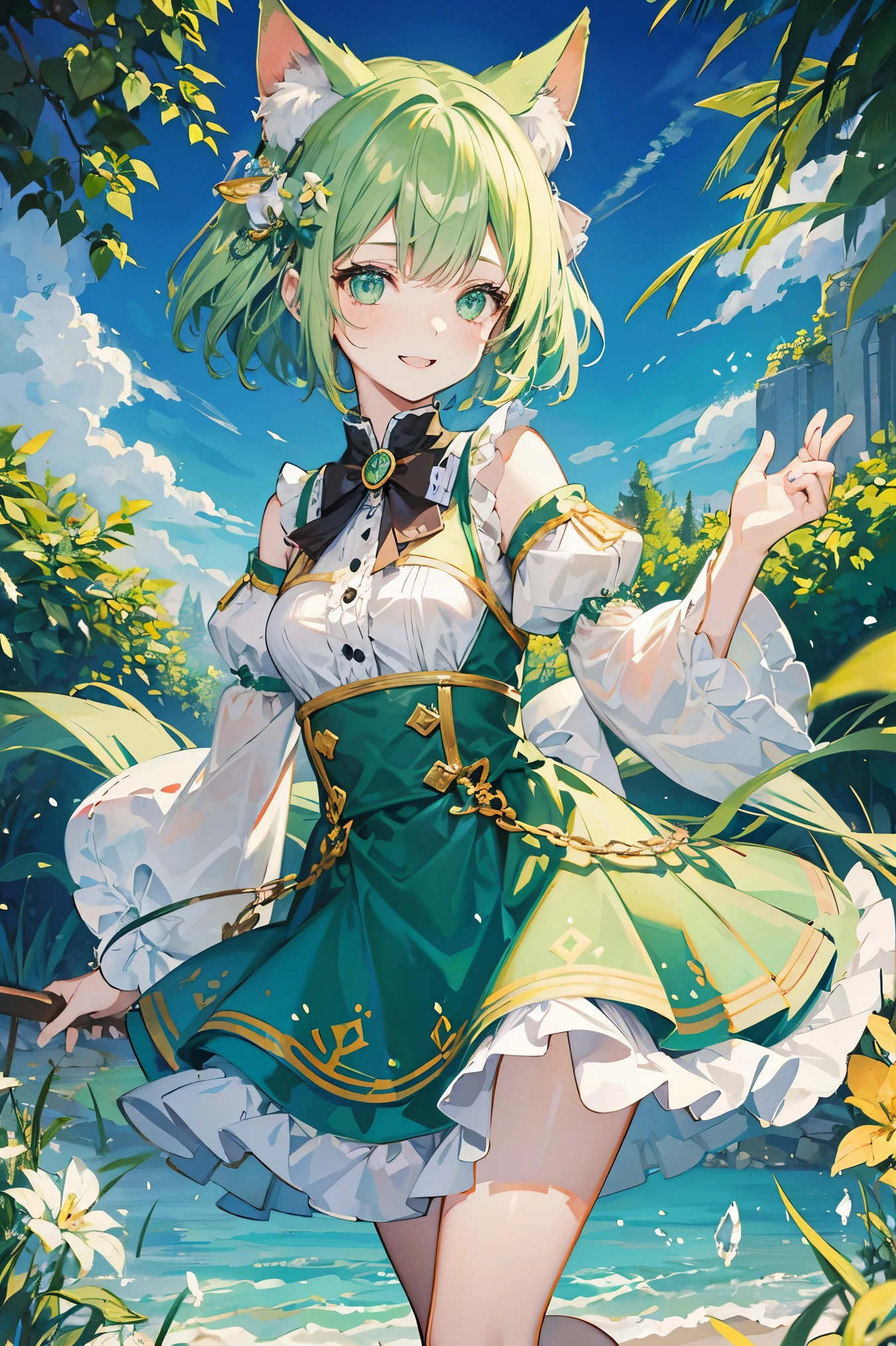 Young girl、Very cute、small、Firm breasts、Wizard Costume、Pale green hair、High Quality Backgrounds、Fairytale World、Cheerful attitude、Cat ears and tail、An innocent smile