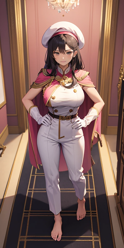 masterpiece, best quality, full body, barefoot, solo, female, big breast, feforrest, beret, pink capelet, pink tunic, white pants, brown gloves, upper body, looking at viewer, shy, from above, mansion, room, finely decorated room, pink theme, big breast but cover, hands to hip
