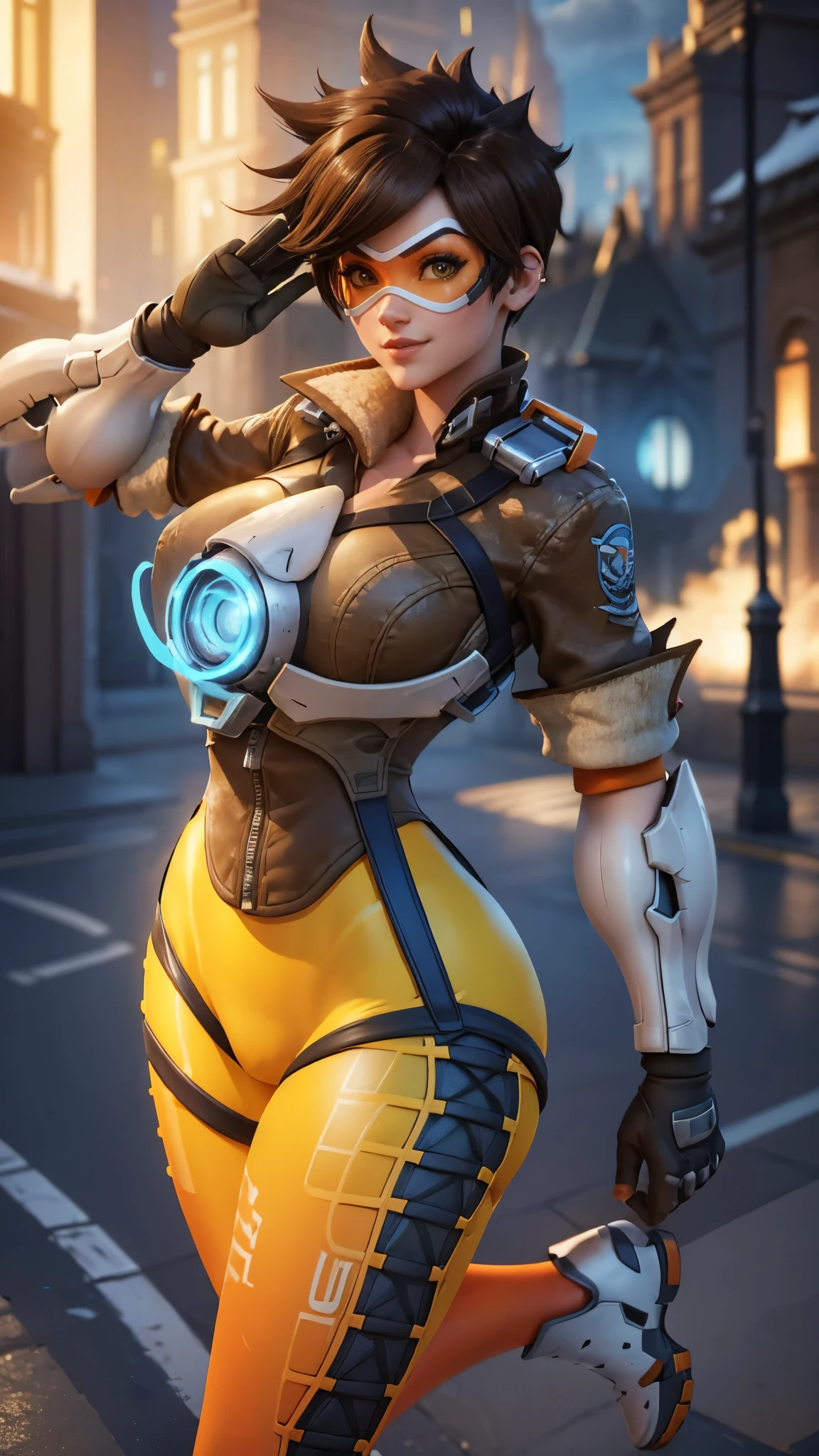 Tracer da overwatch,(best qualityer,4K,8k,high resolution,work of art:1.2)(weather: cloudy), London streets background, Britain parade, wide hips, thick thighs, short curly hair, brown hair, freckles, pilot jacket, orange leggings, white sneakers, light makeup, pilot goggles, elbow gloves, salute pose, ultra detailed,portrait,realistic,beautiful detailed green eyes, beautiful detailed lips,extremely detailed eye and face, ultra detailed hands, long eyelashes,average, medium breasts,flying hair,beaming smile, happy smile,powerful girl, bright coloured, dramatic lighting,