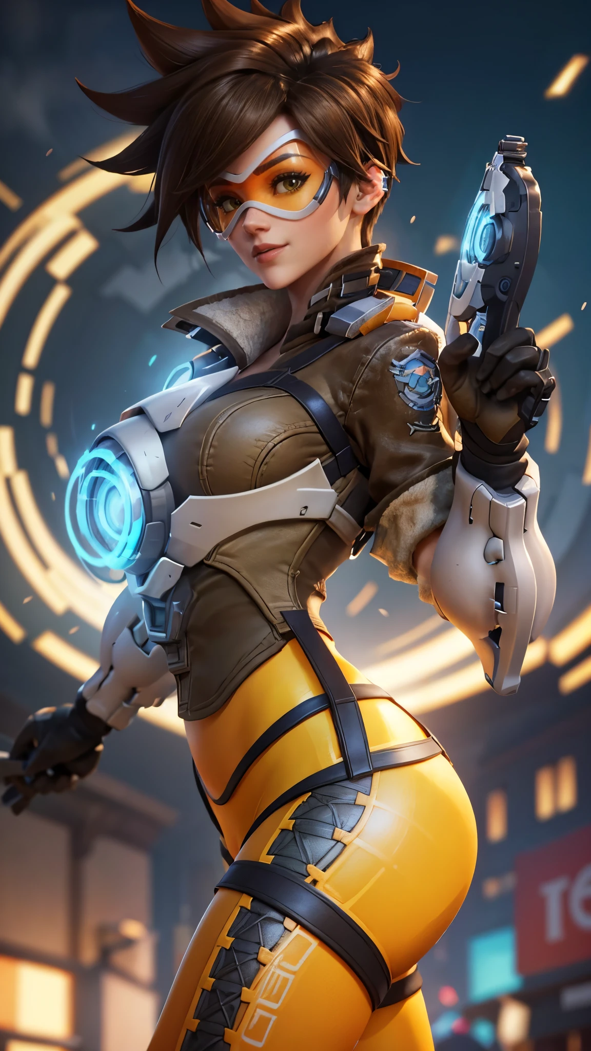 Tracer da overwatch,(best qualityer,4K,8k,high resolution,work of art:1.2)(weather: cloudy), London streets background, Britain parade, wide hips, thick thighs, short curly hair, brown hair, freckles, pilot jacket, orange leggings, white sneakers, light makeup, pilot goggles, elbow gloves, salute pose, ultra detailed,portrait,realistic,beautiful detailed green eyes, beautiful detailed lips,extremely detailed eye and face, ultra detailed hands, long eyelashes,average, medium breasts,flying hair,beaming smile, happy smile,powerful girl, bright coloured, dramatic lighting,