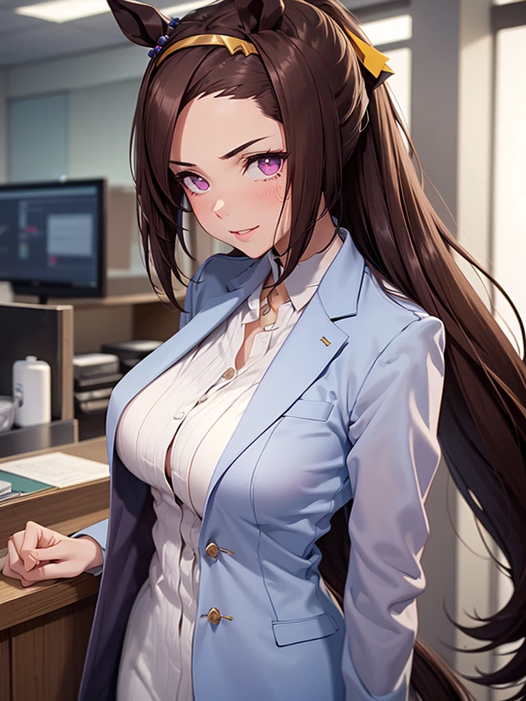 (​masterpiece、top-quality、hight resolution、Unity 8k、extremely details CG:1,Best Picture), Sakura Bakushin O (umamusume), horse girl, horse ears, "A professional-looking woman dressed in a sleek business suit, resembling a corporate saleswoman, stands in front of the customer. Her demeanor is serious and composed, but there is a faint blush on her cheeks as she nervously adjusts her jacket. With a slight tremble in her voice, she leans in slightly closer to the client, her eyes shyly averting contact. 'Actually... I’m not wearing a bra today,' she confesses softly, her voice tinged with embarrassment. Her expression is a mix of professionalism and vulnerability, as she struggles to maintain her formal posture while revealing this intimate detail. Her hands nervously fidget with her blazer, trying to hide her discomfort, yet there's a subtle sense of allure as she awkwardly smiles, awaiting the customer's reaction." 