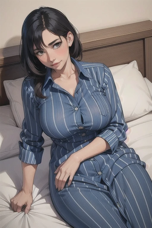 informal, (mature woman:1.4), (thick), Long blue striped shirt dress with buttons and unbuttoned, ((Masterpiece:1.2)), ((best quality:1.2)), (neckline). lying on a bed (blushing)