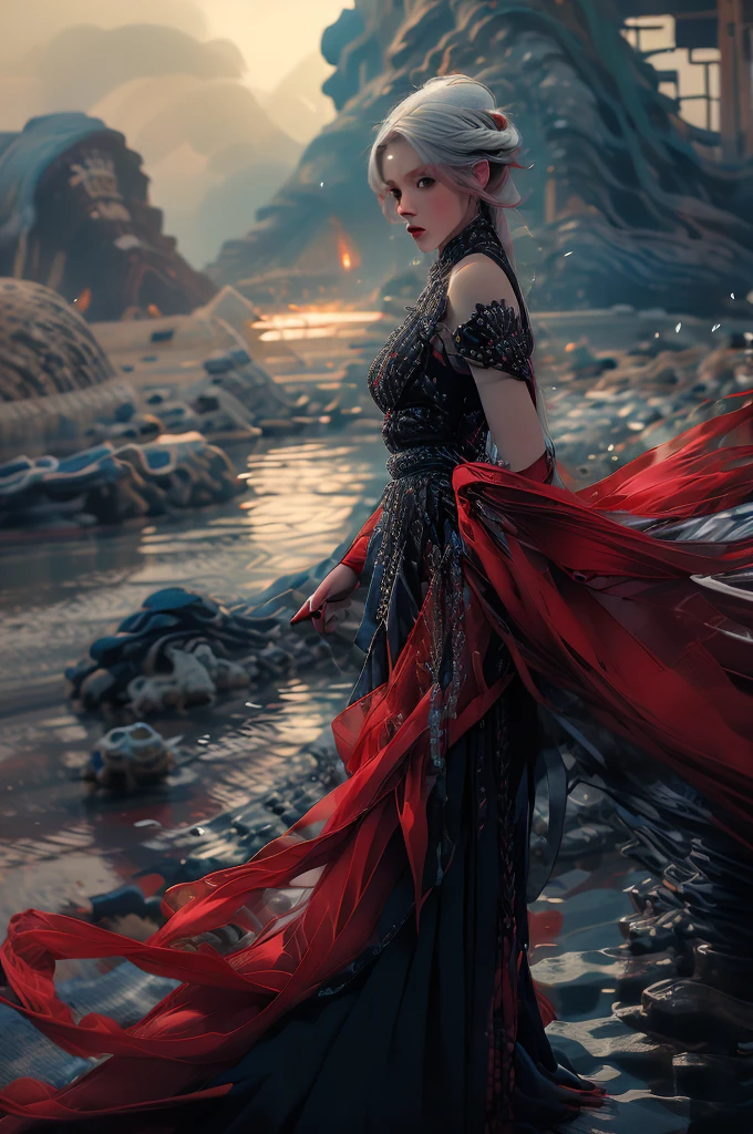Model shooting style, volcanic eruption landscape,Translucent ethereal mechanical old woman,Head above water level,Ruddy all over,Futuristic woman,Mechanical joints,digital eyes,perspective rear view,shallow swimming,Close-up of futuristic underwater translucent dragon palace,colorful scene, Beautiful Milky Way in the background,Art bud, shattered glass, ((Bubble fire scenery)) ,Radiant Octane render in great detail,photography:Brandon Woelfelmist,surreal dreamscape,Surrealist art fantasy style,Epic digital fantasy art style,lute,HDR,Beautiful Sci-Fi Art, Sci-fi digital art illustration, Digital Cyberpunk Art, Science Fiction Digital, Futuristic numbers, Futuristic Concept Art, Sci-fi suspension cyberpunk, Cyberpunk Atlantis Landscape, Science Fiction Digital艺术, 高级Digital Cyberpunk Art, Dreamy cyberpunk girl(best quality,4K,8K,high resolution,masterpiece:1.2), (Practical,Reality,Photo-real:1.37). information,