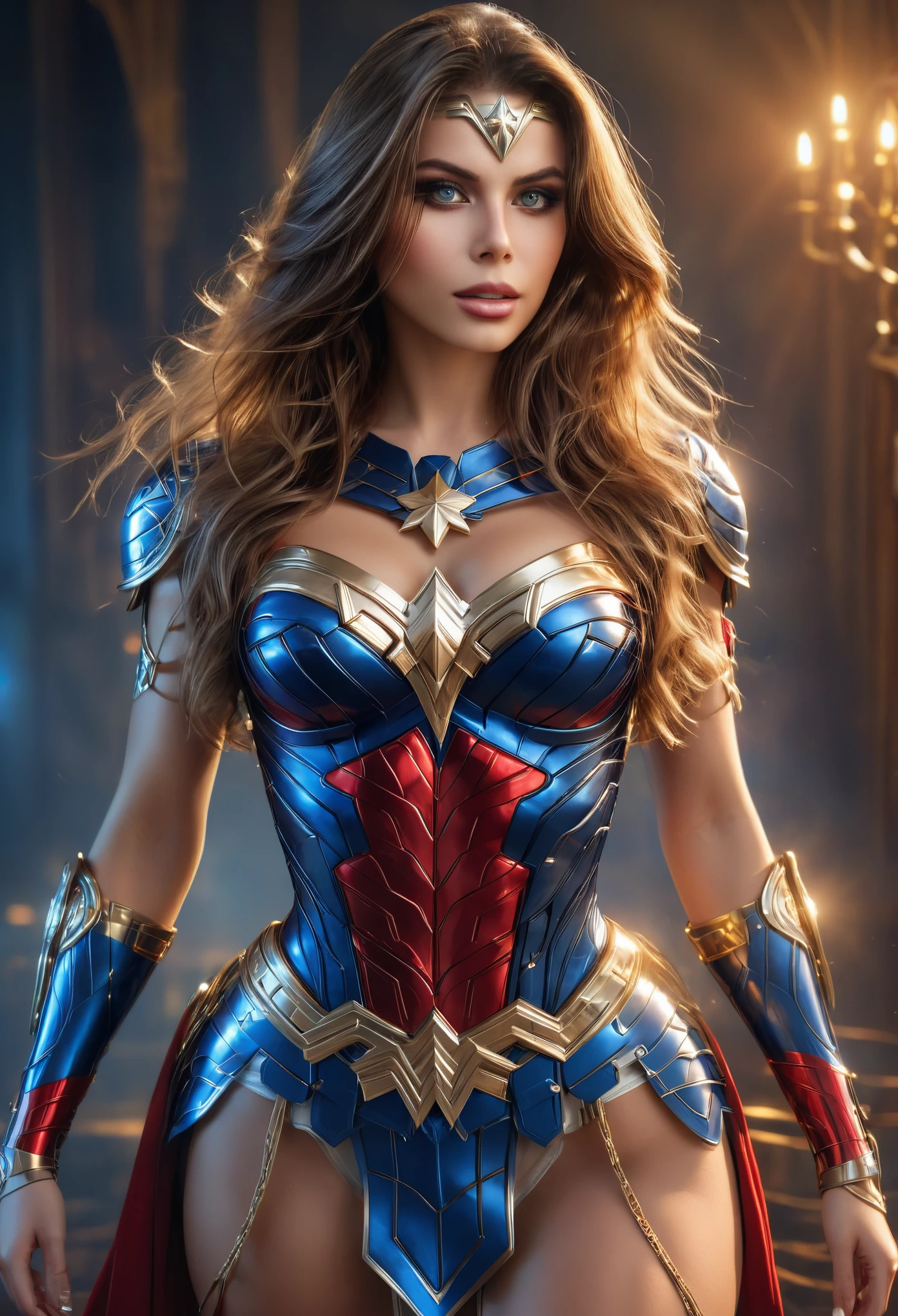 A sexy  beautiful and  Wonder Woman, detailed face , gorgeous red and blue costume with golden accents, standing heroically in a dramatic pose, detailed intricate armor, mysterious magical lasso, photorealistic, cinematic lighting, highly detailed, 8K, best quality, vibrant colors, seamless, masterpiece