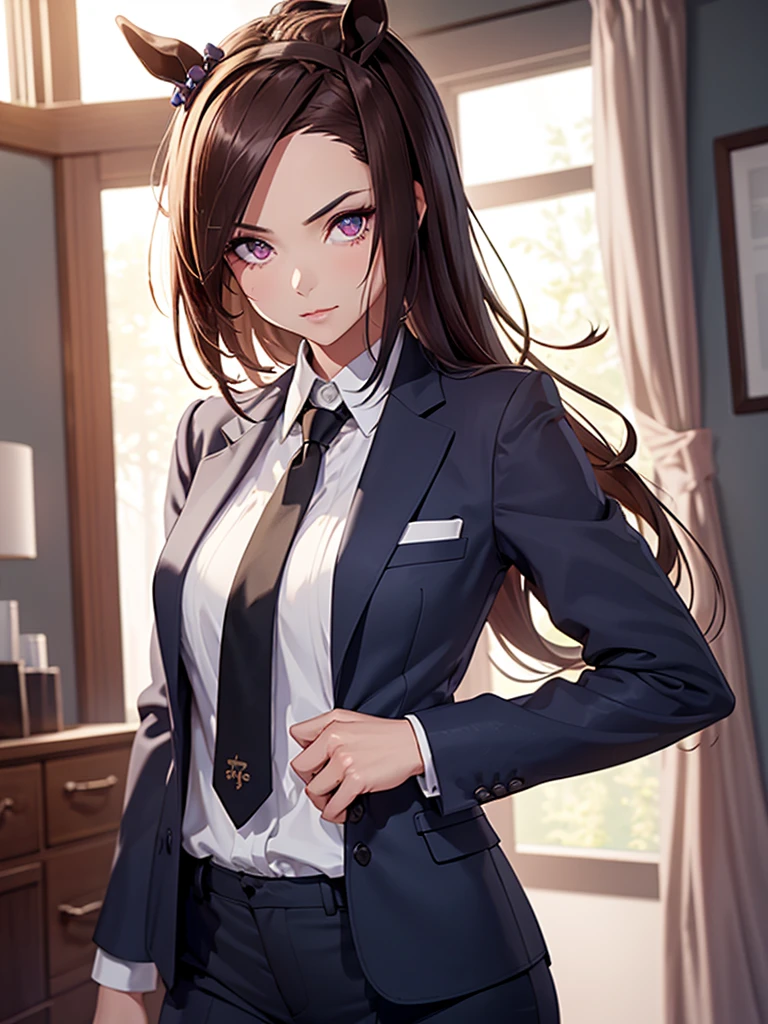 (​masterpiece、top-quality、hight resolution、Unity 8k、extremely details CG:1,Best Picture), Sakura Bakushin O (umamusume), horse girl, horse ears, "A professional woman in a tight, tailored business suit, resembling a saleswoman on a client visit, stands confidently in front of the customer. Her posture is formal, yet her eyes carry a hint of seduction as she maintains a serious and professional demeanor. She adjusts her blazer and straightens her tie, her expression unwavering, as she leans slightly forward and says in a calm, almost businesslike tone, 'Please, enjoy our company’s special sexual hospitality service.' Her hair is neatly tied back, and she wears subtle makeup, giving her a polished, corporate look. The atmosphere is filled with tension as she presents herself, trying to seduce the client while maintaining the façade of a professional business interaction."