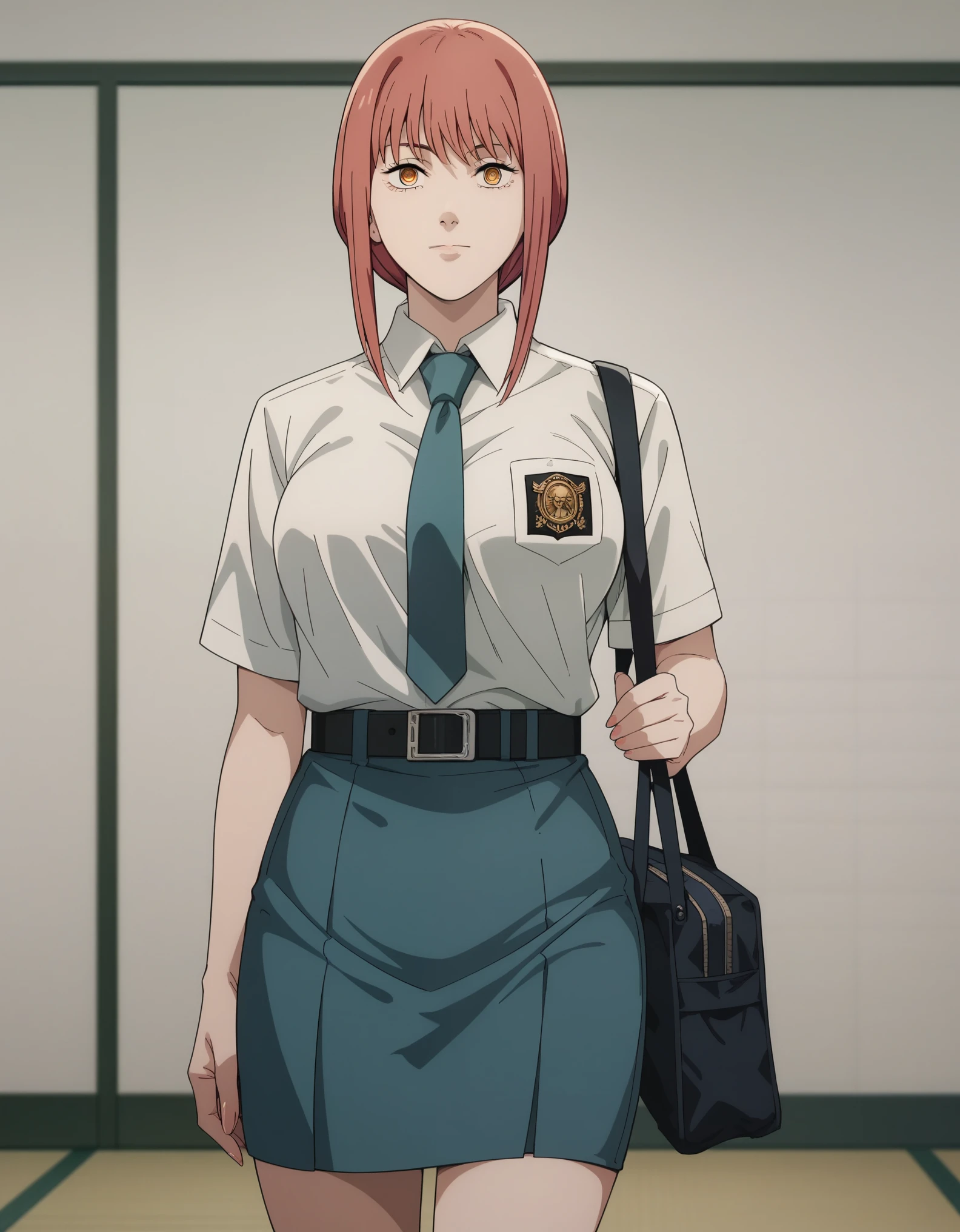 score_9, score_8_up, score_7_up, solo,1girl, source_anime, mak1ma0, red hair, long hair, ringed eyes,large breasts large breasts, inside class, white board, tucked in sma shirt, sma necktie, sma belt, sma skirt, sma shirt, sma skirt, walking, Carrying a bag, looking at viewer, sunligth, dutch shot