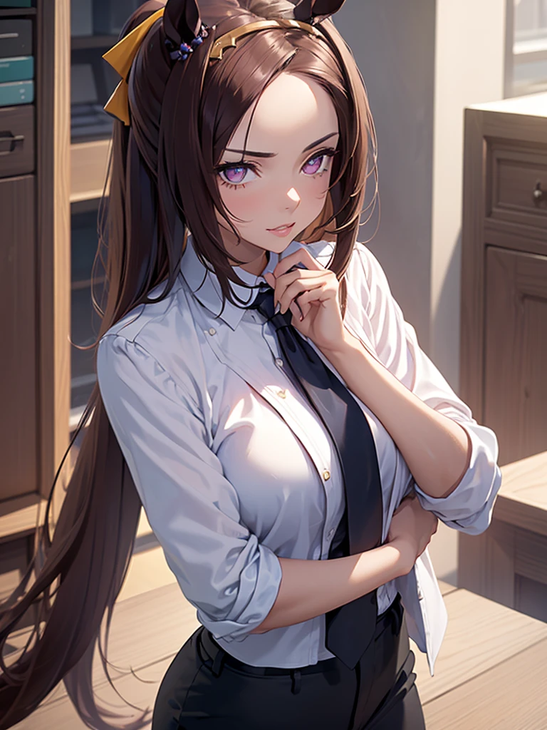 (​masterpiece、top-quality、hight resolution、Unity 8k、extremely details CG:1,Best Picture), Sakura Bakushin O (umamusume), horse girl, horse ears, "A professional woman in a tight, tailored business suit, resembling a saleswoman on a client visit, stands confidently in front of the customer. Her posture is formal, yet her eyes carry a hint of seduction as she maintains a serious and professional demeanor. She adjusts her blazer and straightens her tie, her expression unwavering, as she leans slightly forward and says in a calm, almost businesslike tone, 'Please, enjoy our company’s special sexual hospitality service.' Her hair is neatly tied back, and she wears subtle makeup, giving her a polished, corporate look. The atmosphere is filled with tension as she presents herself, trying to seduce the client while maintaining the façade of a professional business interaction."