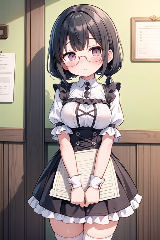 1 girl, masterpiece, pov, waist high, black hair, black eyes, (short hair: 1.5), (wearing glasses), (freckles), medium breasts, medium hips, (pink frilly blouse: 1.4), (silver chain accessory :1.4), black mini skirt, (black garter belt), (missionary position sex:1.5), (pov boy), (pov penis pantie slide incerting pussy:1.4), (take off clothes), (exposing breasts nipples:1.4), (cum in pussy:1.5), (orgasm:1.5), cyber cafe