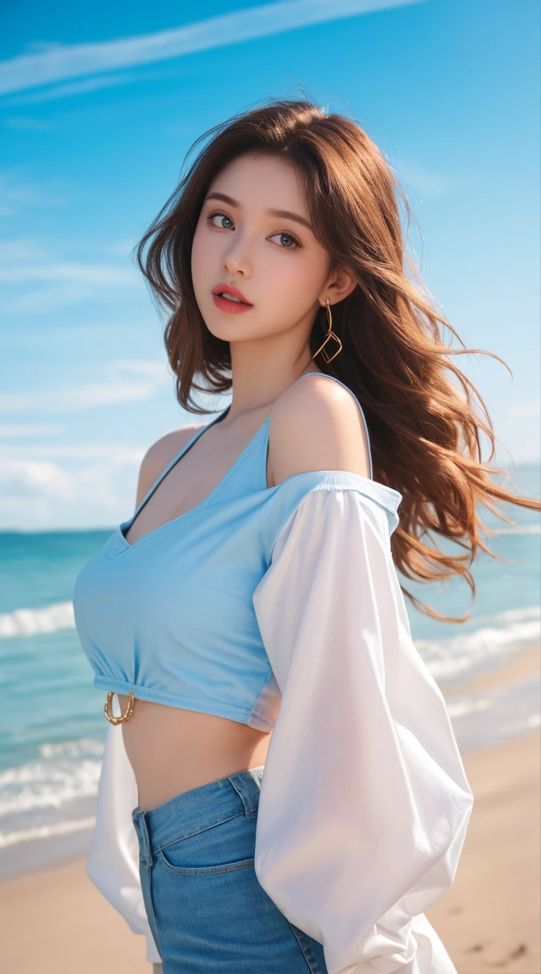 Super high-quality and detailed realistic photos of a sunny beach with big waves and a young Korean beauty wearing a slingshot bikini and surfing in the sea.