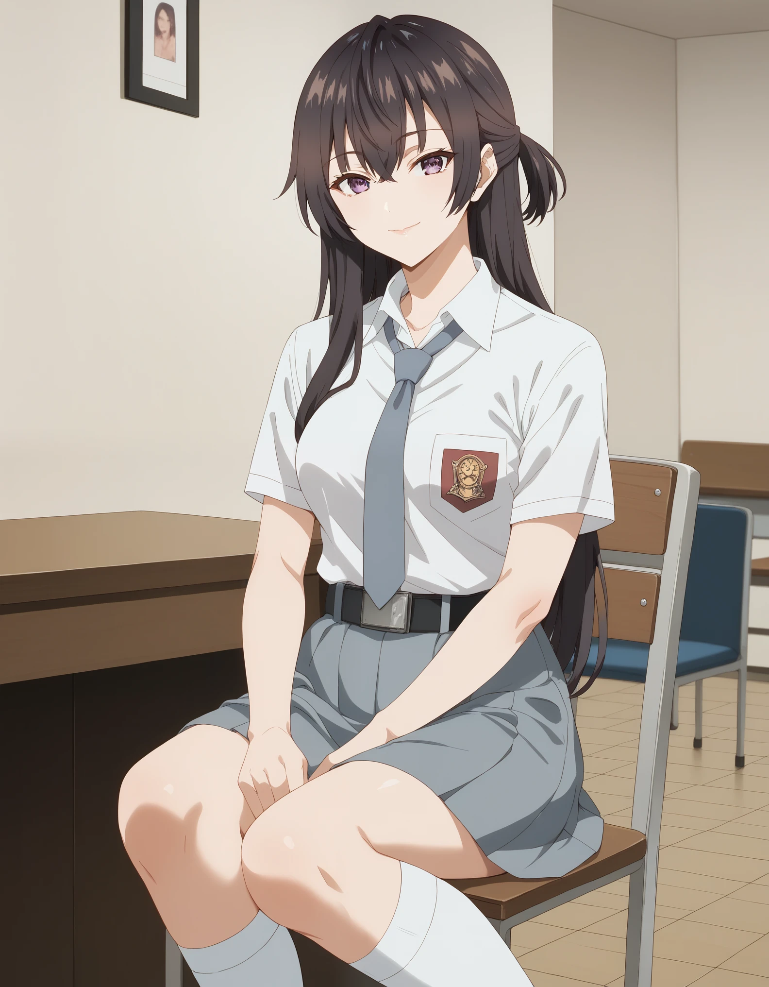 score_9, score_8_up, score_7_up, solo,1girl, yukisuou, long hair, bangs, brown hair, black hair, hair between eyes, purple eyes, half updo ,medium breasts, inside class, white board, tucked in sma shirt, sma necktie, sma belt, sma skirt, sma shirt, sma skirt, thighs, looking at viewer, smile, sunligth, sit on chair, socks, shoes, View from the top