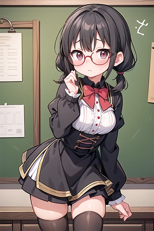 Glasses,sober,pantyhose,dark roots,blush,Braid,child,loli,bangs bangs,black hair,5 years old,best quality,from below,nsfw,foot up,full-face blush,4fingers and 1thumbs,Maid clothes