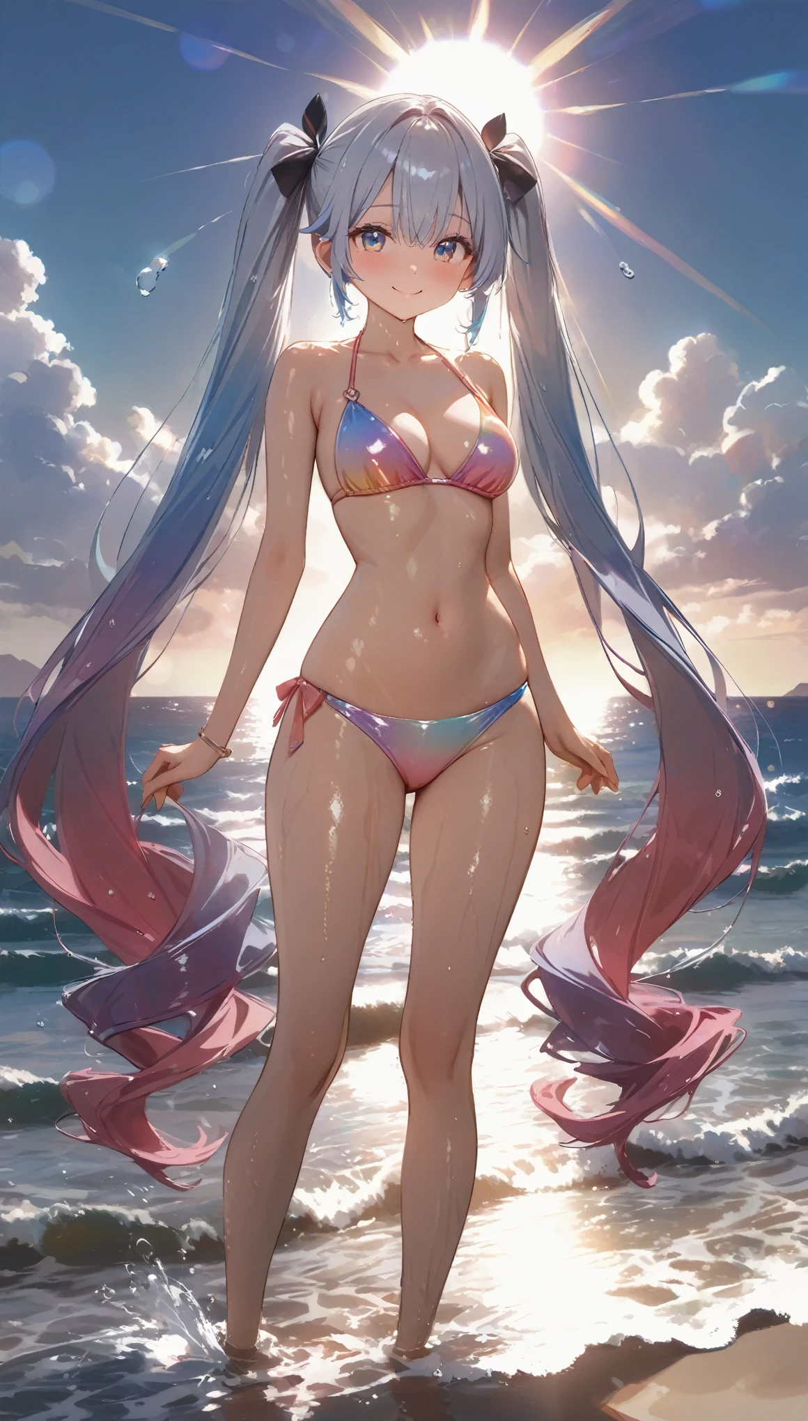 (High resolution, accurate, Best Quality, Anatomically correct, masterpiece), 1 tall girl, sexy style, panoramic view, full body standing on the shore of the waves, ((droopy eyes)), (long silver hair), (twintail hair)), silver and blue gradient hair), wearing a pink glittering bikini, shiny glossy clothes, medium breast, water, splashing water, drops of water, day, rays of the sun, looks at the viewer, smile, blush, wet body, dutch angle, gentle tones, colorful, lens flare, distortion, bokeh