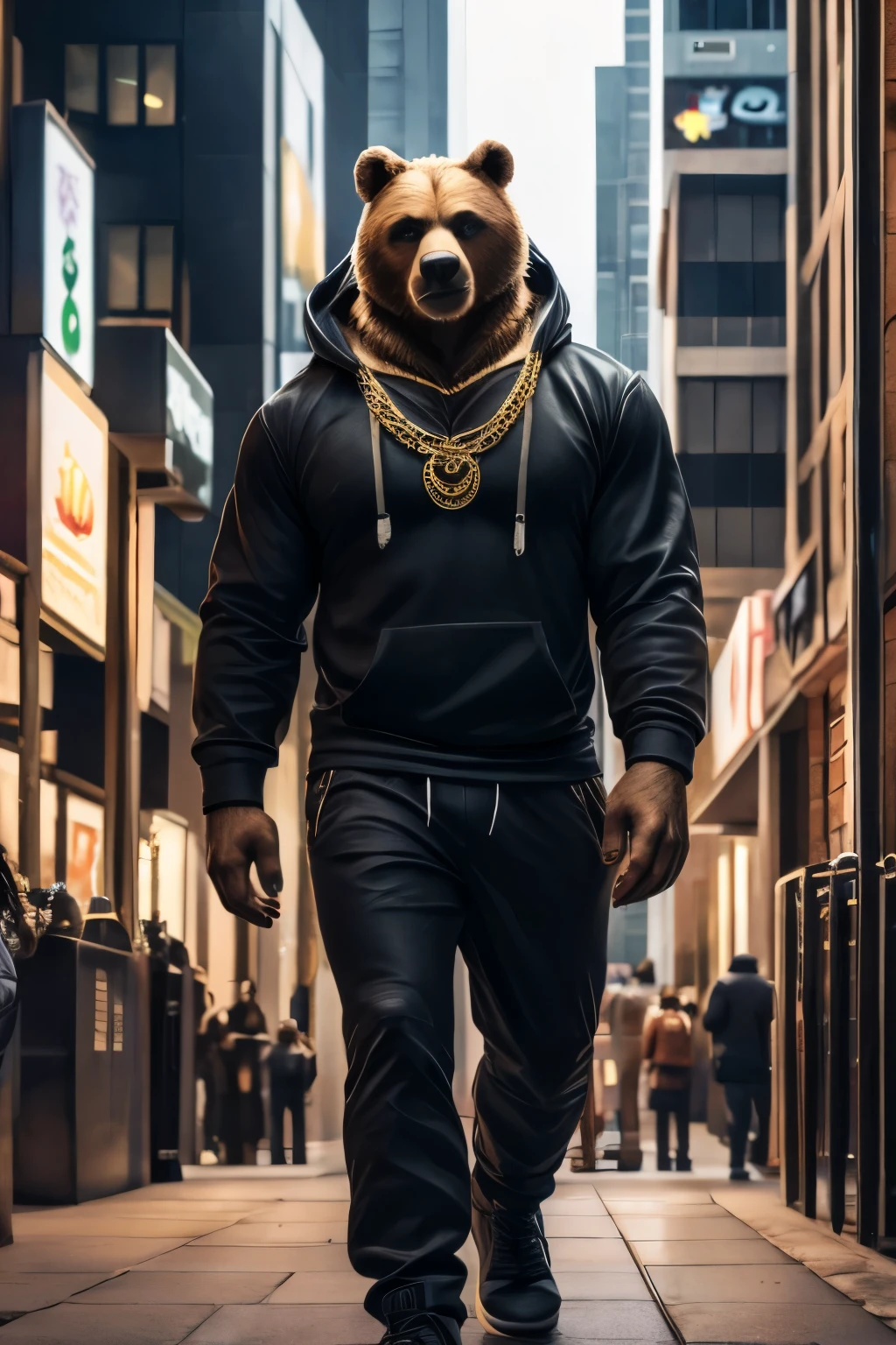 A human-looking bear in a modern urban environment. The bear wears a black hoodie over a T-shirt and pants. Around his neck he wears a gold chain with a pendant, Headphones cover his ears. He appears determined and self-confident, as he walks through the busy streets with tall buildings in the background. The bear radiates coolness and serenity, as he is out and about in the midst of the urban hustle and bustle