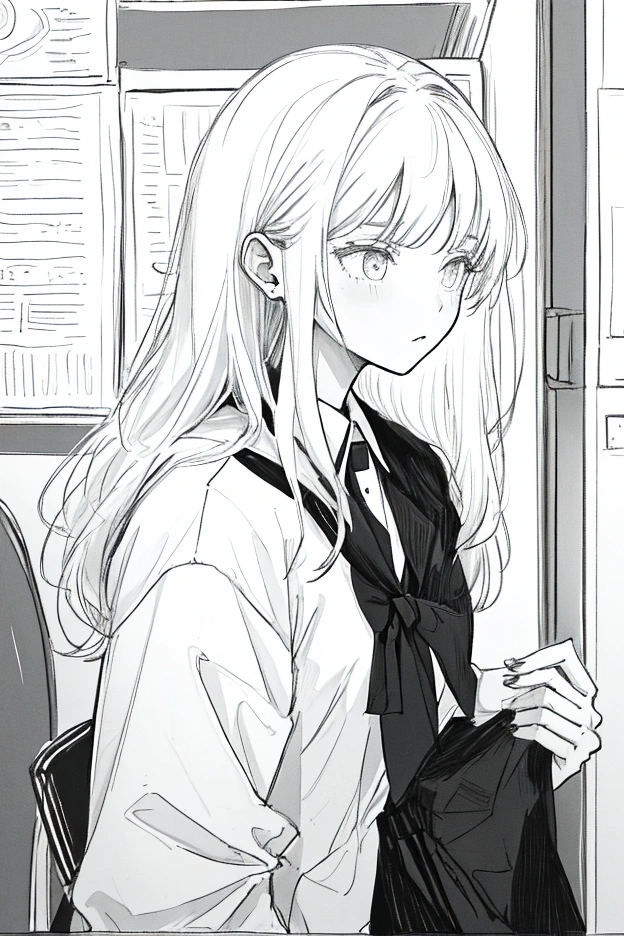 An 1 high school girl in a high school uniform and white shirt with medium-length hair. black and white. The girl is serious