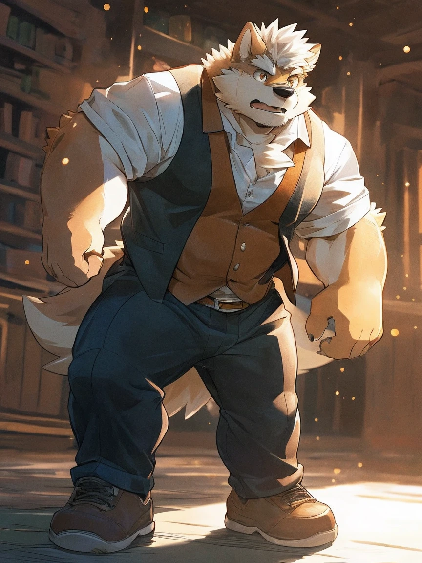 By Taran Fiddler, one man, anthro canine (Bearded Grizzly bear), adult male, elderly, slightly wrinkled face, black eyebrows, stern facial expression, grumpy, bushy mustache, mustache covering mouth, slightly short height, dilf, hands on the wall, pushing against wall, shirtless, black shorts, facing away from viewer, boat interior, inside living quarters, back shot angle of character