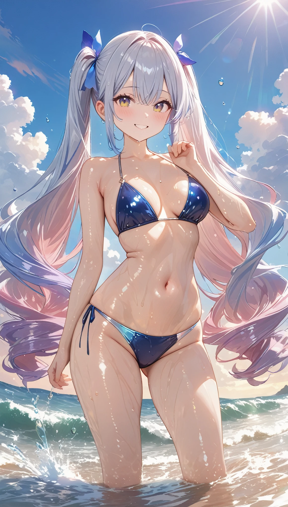 (High resolution, accurate, Best Quality, Anatomically correct, masterpiece), 1 tall girl, sexy style, panoramic view, full body standing on the shore of the waves, ((droopy eyes)), (long silver hair), (twintail hair)), silver and blue gradient hair), wearing a dark blue glittering bikini, shiny glossy clothes, medium breast, water, splashing water, drops of water, day, rays of the sun, looks at the viewer, smile, blush, wet body, dynamic angle, gentle tones, colorful, lens flare, distortion, bokeh