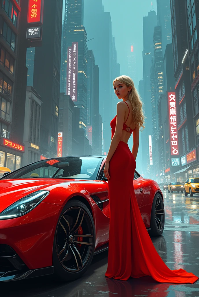 xuer dieselpunk,1girl,jacket,science fiction,building,outdoors,from behind,long hair,tree,red jacket,skirt,blonde hair,standing,solo,vehicle focus,road,long sleeves,facing away,sports car,
<lora:~Q?-glgQK xuer dieselpunk:0.8>,