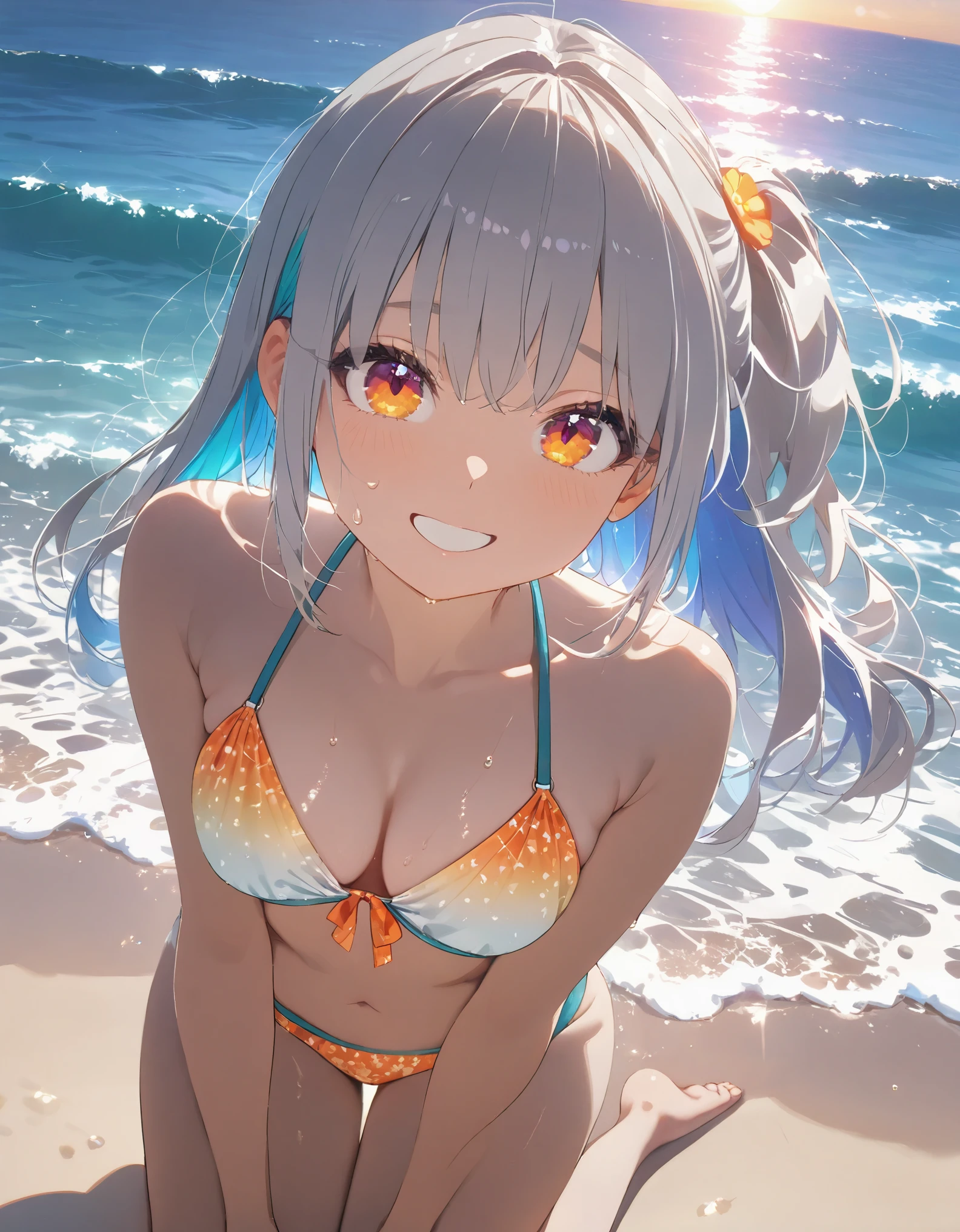 (High resolution, accurate, Best Quality, Anatomically correct, masterpiece), 1 tall girl, full body portrait, from above, wariza on the beach, Cute Style, ((droopy eyes)), silver hair, ponytail hiar, colorful inner color hair, wearing a floral pattern orange bikini, medium breast, mysterious smile, sun set, rays of the sun, looks at the viewer, sweat, wet body, dynamic angle, gentle tones, lens flare, distortion, bokeh, glitter effect, 