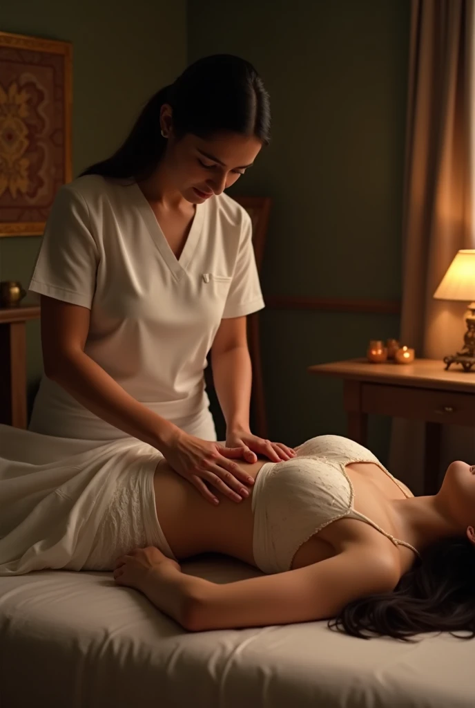 A beautiful Brazilian woman in a beauty clinic undergoing body aesthetics procedures with a dermatofunctional physiotherapist.