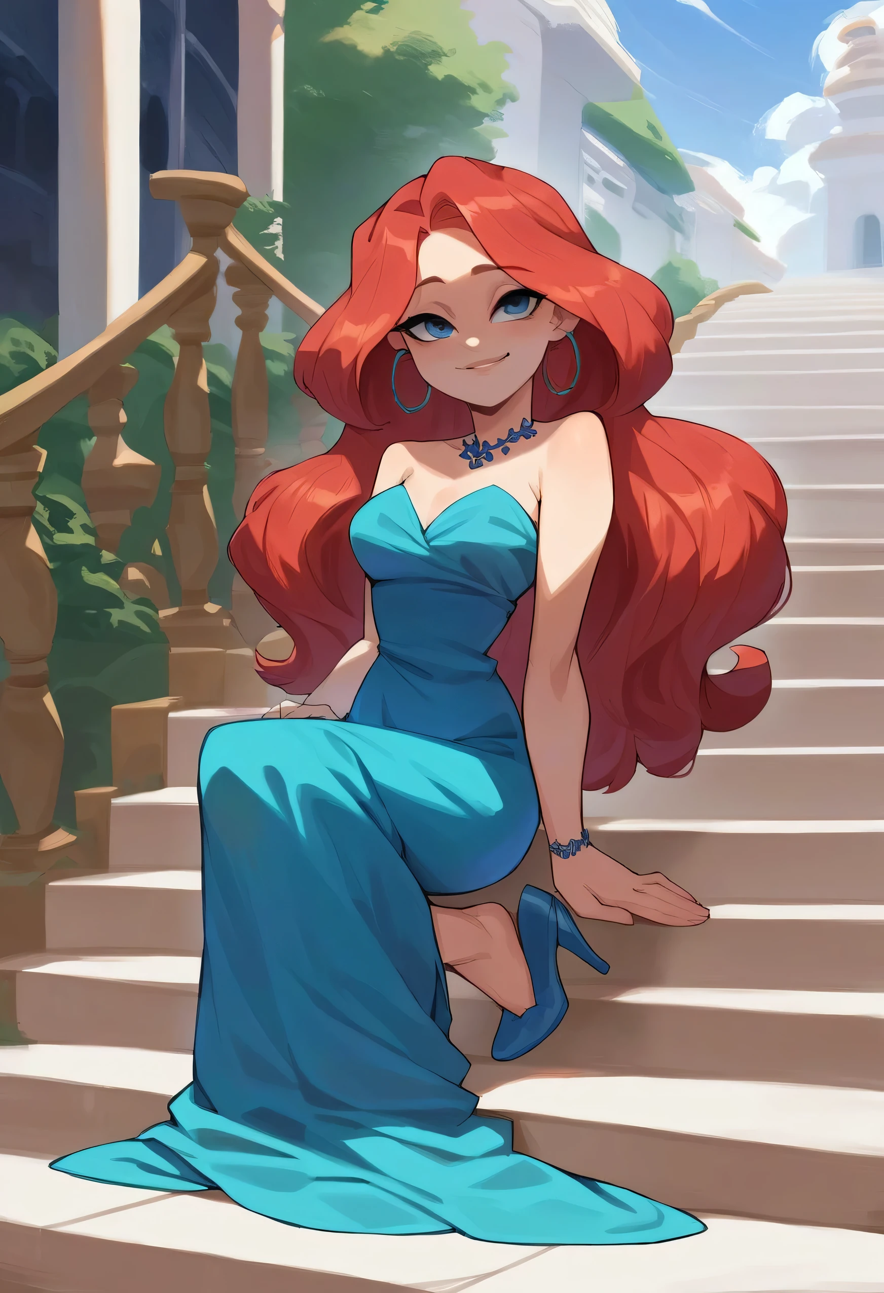 masterpiece, best quality, highly detailed, score_9, score_8_up, score_7_up, score_6_up,source_anime, BREAK, Chelsea, 1girl, solo, long red hair, beautiful face, blue eyes, blue evening dress, stairwell, highly detailed, shaded, high heels, solo, soft light, seductive smile, jewelry, hoop earrings, Stepping down, Cartoon style
