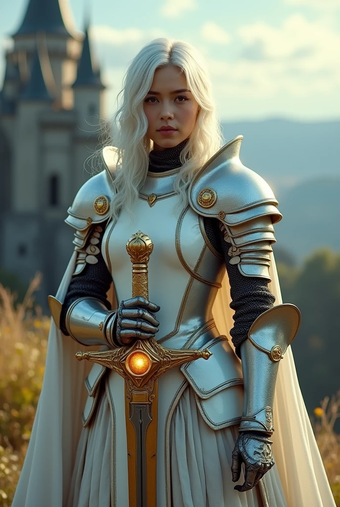 Cinematic shot of a knight wearing a white and gold armor, white hair ...