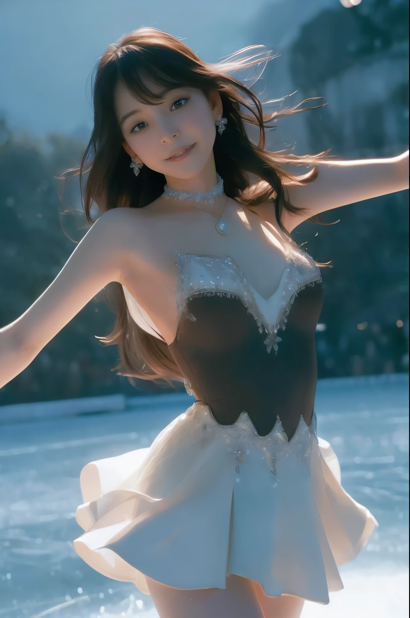 Ice Skater,
17th, 1girl,
Long black hair, bangs,
Wind-blown hair,
(Bunny ear girl)
Double eyelids,
(makeup:0.9),
(Perfect face. Delicate face),
(Jewelry, necklace, earrings),
(White skin),
(Adult body type),
Kirara Jump, Perfect body.
(Tall adult body type, Medium breasts, Slim waist),
(Beautiful thighs, Arm raise),
(Dynamic Low Angle, Beautiful spotlight).
 ((happy smiling facial expression:1.1)),
(medium firm breasts:1.1),
(Cleavage),
((mini dress tube skirt blooming:1.3)),
(Fluttering dress),
(Proud of her costume),
(Playing ice skating:1.2),
(ice skating shoes),
(background looks real, under the mountains on a frozen lake),
(looking at the audience,
Detailed face, Proudly, Pull your chin in, A girl wearing a shining and luxurious idol dress, playing ice skating, on a frozen lake),
(Overexposure),
(Beautiful fashion showing bare thighs and legs)
(Breast flash, Rough skin, Long hair),
((Beautiful brown eyes)),
(Delicate and beautiful eyes, Beautiful eyes with light、Shiny hair、Reflecting eyes、Embarrassing),
(Red face:1),
(8k wallpaper, Bold full photo、Light  reflected, Most detailed、Complex, Smooth background、Rough skin、Smooth skin), (Super resolution), Chirarizum、(whole body、美しいwhole body像、body type).