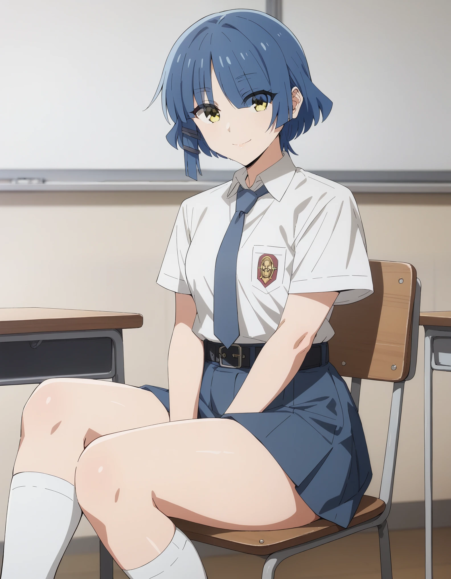 score_9, score_8_up, score_7_up, solo,1girl,ryou yamada, blue hair, eyes visible through hair, short hair, yellow eyes, hairclips, tucked in sma shirt, sma necktie, sma belt, sma skirt, sma shirt, sma skirt, inside classroom, white board, chair, tables thighs, looking at viewer, smile, sunligth, sit on chair, socks, shoes, hands between thighs