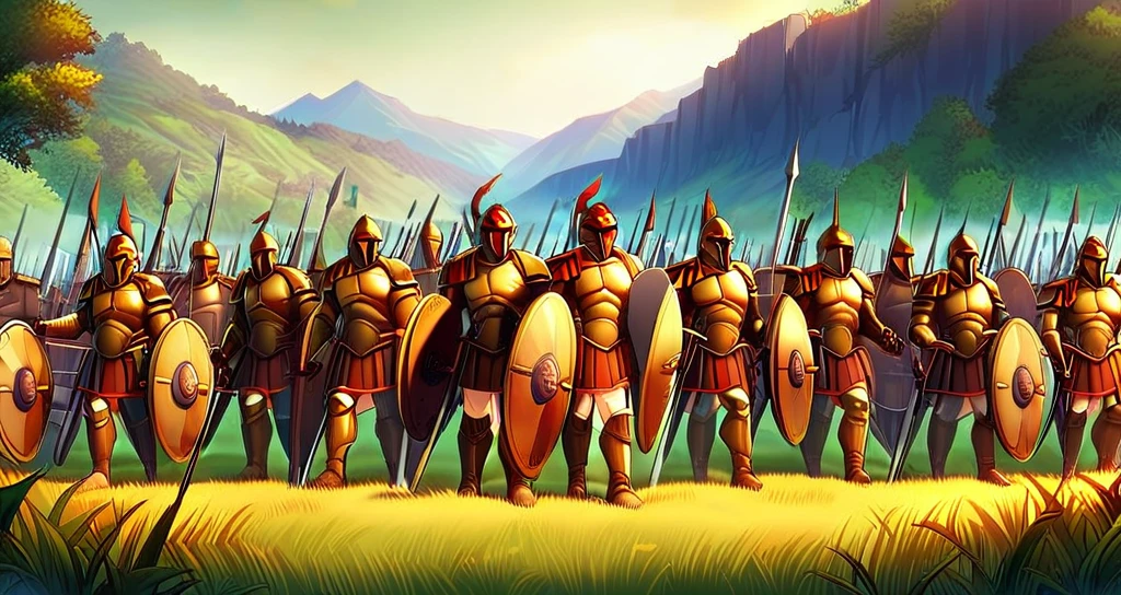 Green Battlefield background, large army, orange dawn, swords and shilds, Spartans, distante view, red helm,  muscular soldiers, less armor, no chest plate, long view, all battlefield scenary. Night first hour 