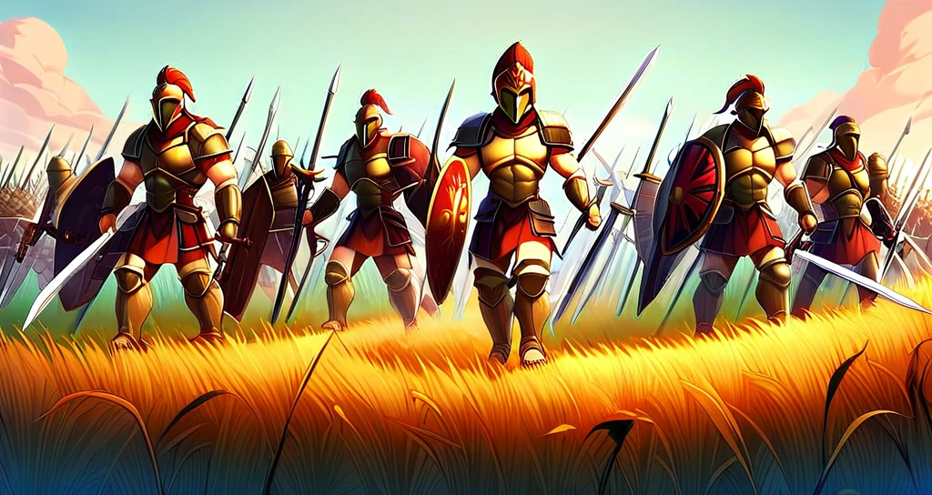 Green Battlefield background, large army, orange dawn, swords and shilds, Spartans, distante view, red helm,  muscular soldiers, less armor, no chest plate, long view, all battlefield scenary. Night first hour 