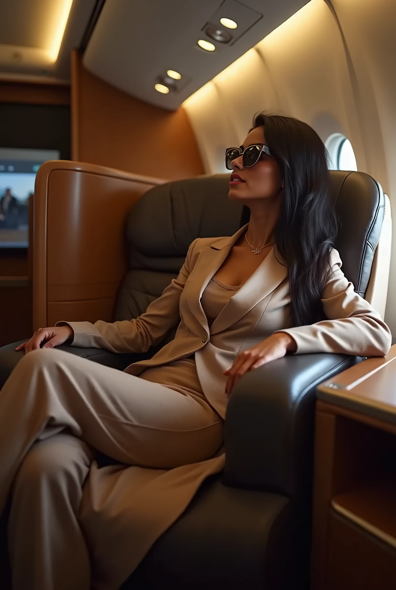Arapei woman sitting on an airplane in a black top and leggings, wearing tight suit, wearing tight simple clothes, tight costume, skintight black bodysuit, thin bodysuit, wearing black tight clothing, Black bodysuit, skinny waist and thick hips, wearing a black bodysuit, tight full body suit, Open V chest clothes, high level body suit