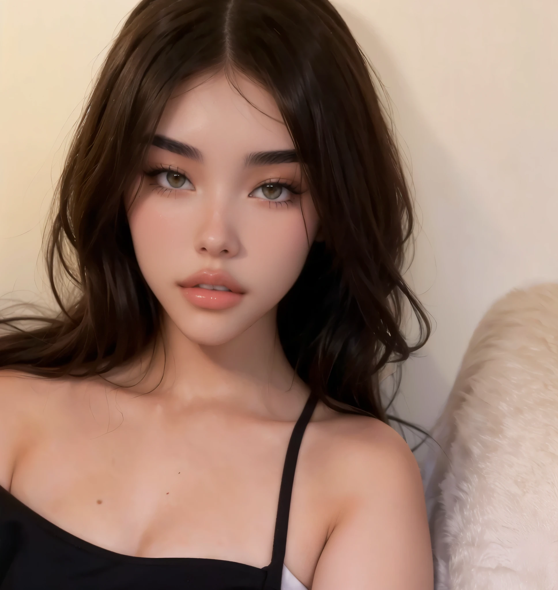 um close up de uma mulher usando um top marrom, Beautiful Asian girl, rosto sexy com maquiagem completa, asian features, Asian girl, Beautiful Asian woman, an Asian woman, 18 anos, asian beautiful face, Asian face, clear lips and high quality, Asian women, Modelo do Instagram, rosto extremamente bonito, Cara Sexy, beautiful aesthetic face