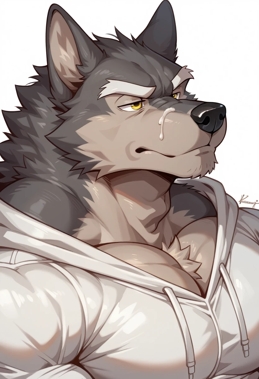 muscle gray wolf, (((gray wolf))), canid, furry, (thick, muscle, hyperthophy), ((reddish brown fur)), (big eyes, yellow eyes), male, long snout, wide snout, black nose, (((focus on face))), (white eyebrows), ((very thick fur)), ((half-closed eyes)), ((huge muscles, very muscular neck, massively huge pecs)), white hoodie