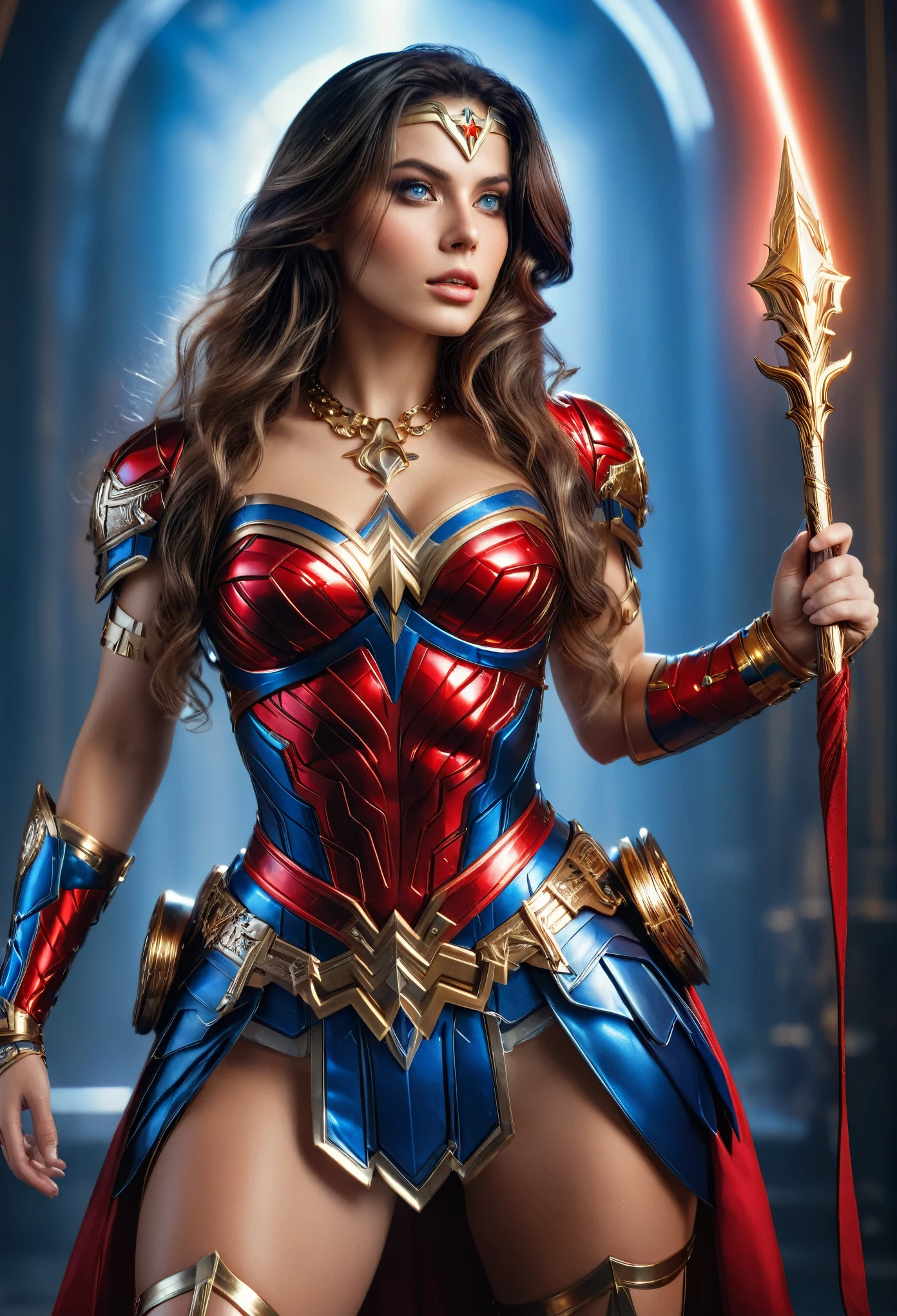 A sexy beautiful and Wonder Woman, detailed face , gorgeous red and blue costume with golden accents, standing heroically in a dramatic pose, detailed intricate armor, mysterious magical lasso, photorealistic, cinematic lighting, highly detailed, 8K, best quality, vibrant colors, seamless, masterpiece
