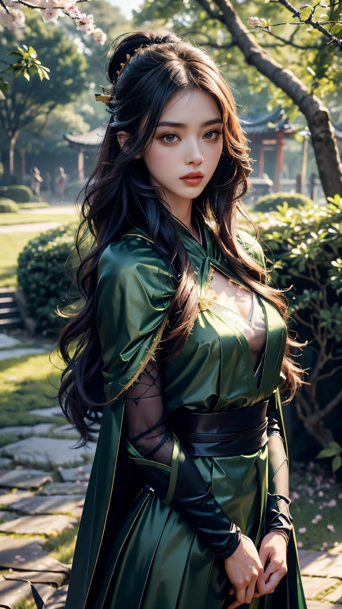 8K, UHD, Masterpiece, 1 girl, ((slim body)), good face, detailed eyes, detailed lips, very long hair, beautiful hairstyle, ((samurai outfit)), ((detailed outfit)), ((green outfit)), ((mesh cape)), in the park, falling cherry blossom, depth of field, ray tracing, realistic shadow, cinematic pose,