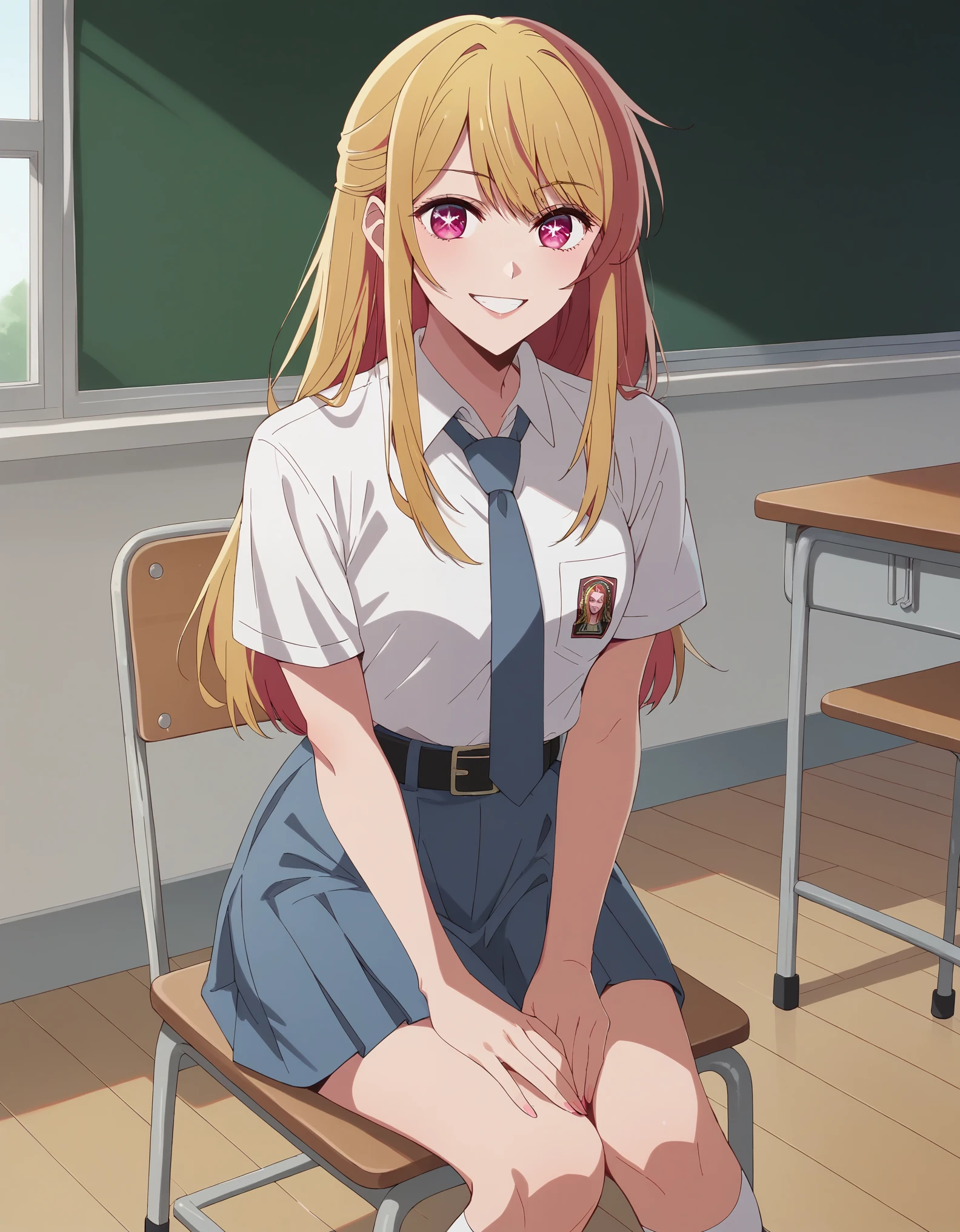 score_9, score_8_up, score_7_up, solo,1girl,ruby hoshino, long hair, bangs, blonde hair, pink eyes, sidelocks, symbol-shaped pupils, multicolored hair, two-tone hair, tucked in sma shirt, sma necktie, sma belt, sma skirt, sma shirt, sma skirt, inside classroom, white board, chair, tables thighs, looking at viewer, smile, sunligth, sit on chair, socks, shoes, hands between thighs