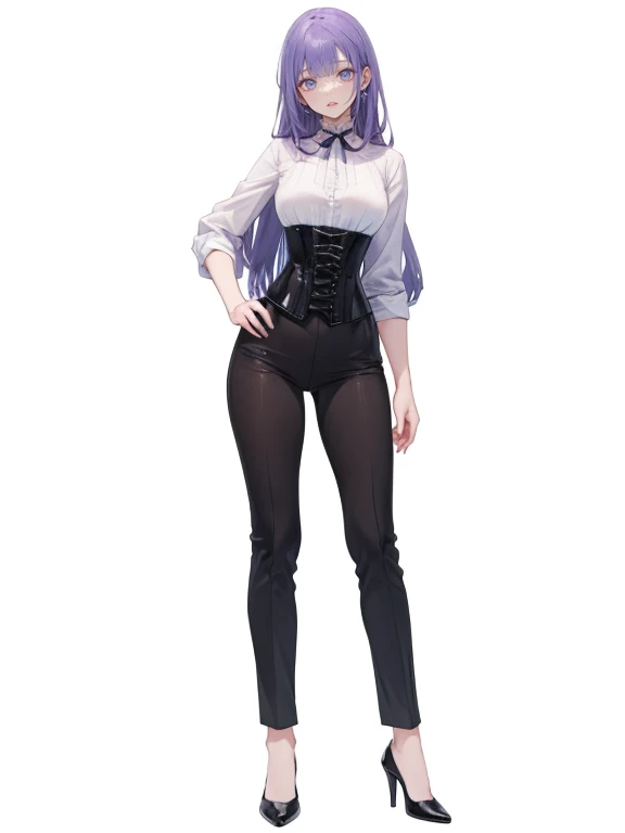 ((Perfect Face)),Purple Hair,Very long hair,1 female,,Roll up your sleeves,(Roll up your sleevesをしているワイシャツ),((corset)),High heels,,((White simple background)),smile,((whole body)),((full body)),