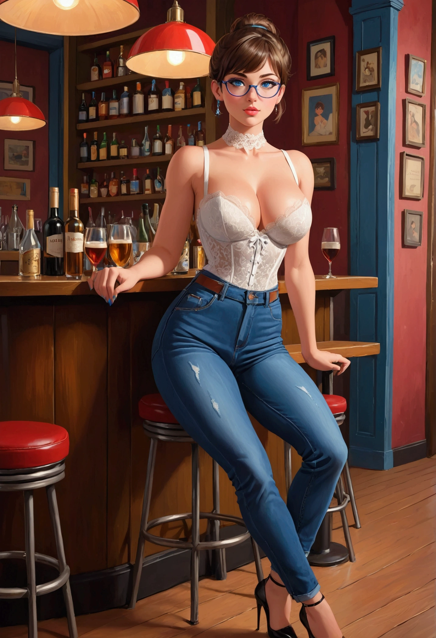 20 years old woman, Short brown hair, Méditerranéenne aux blue eye, Generous and heavy breasts, slender waist, estomac defini, fesses rebondies et pulpeuses, naturally curved, muscular thighs, aguicheuse, on a pub , jeans and pink blouse, lunettes , earrings, blue eye, talons, from back