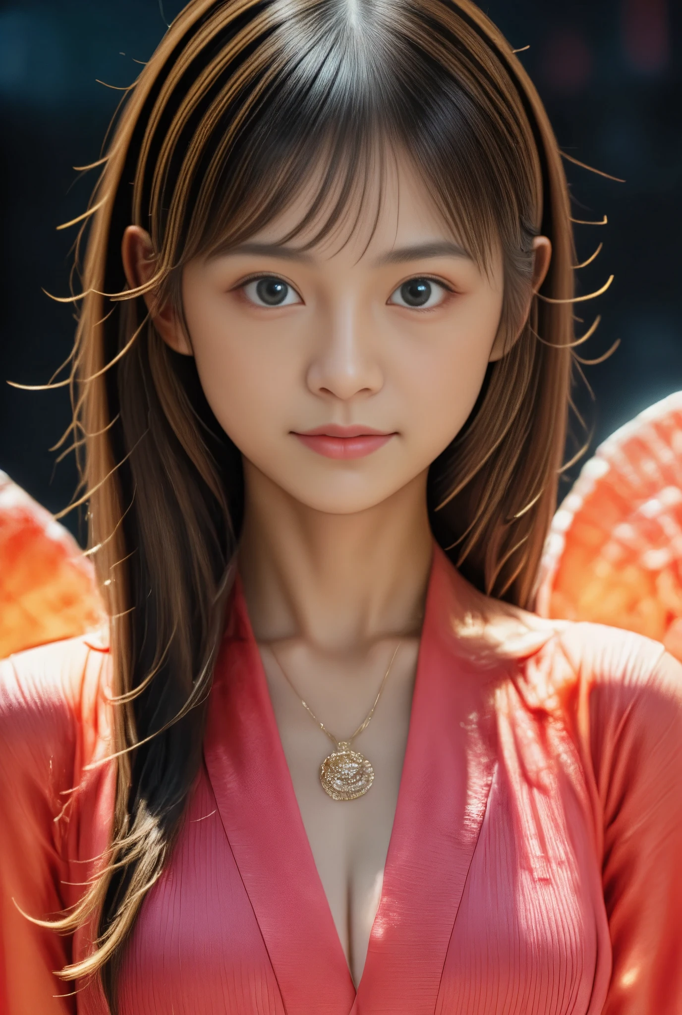 photo of Japanese girl, earrings, upper body, 1girl, smil, 
necklace, earrings, bracelet, 
long hair with layered cut and curl perm, brown to blonde speckled hair, curly hair, 

the dress made of flame is rose red, with layers of ruffles flowing down her body. the shoulders are beautifully pleated like a sculpture