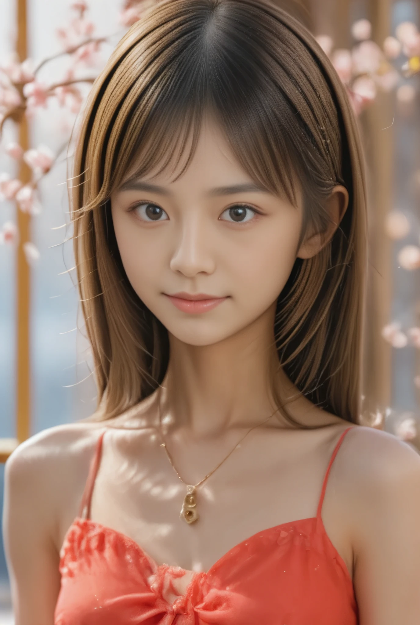 photo of Japanese girl, earrings, upper body, 1girl, smile, 
necklace, earrings, bracelet, 
long hair with layered cut and curl perm, brown to blonde speckled hair, curly hair, 

the dress made of flame is rose red, with layers of ruffles flowing down her body. the shoulders are beautifully pleated like a sculpture