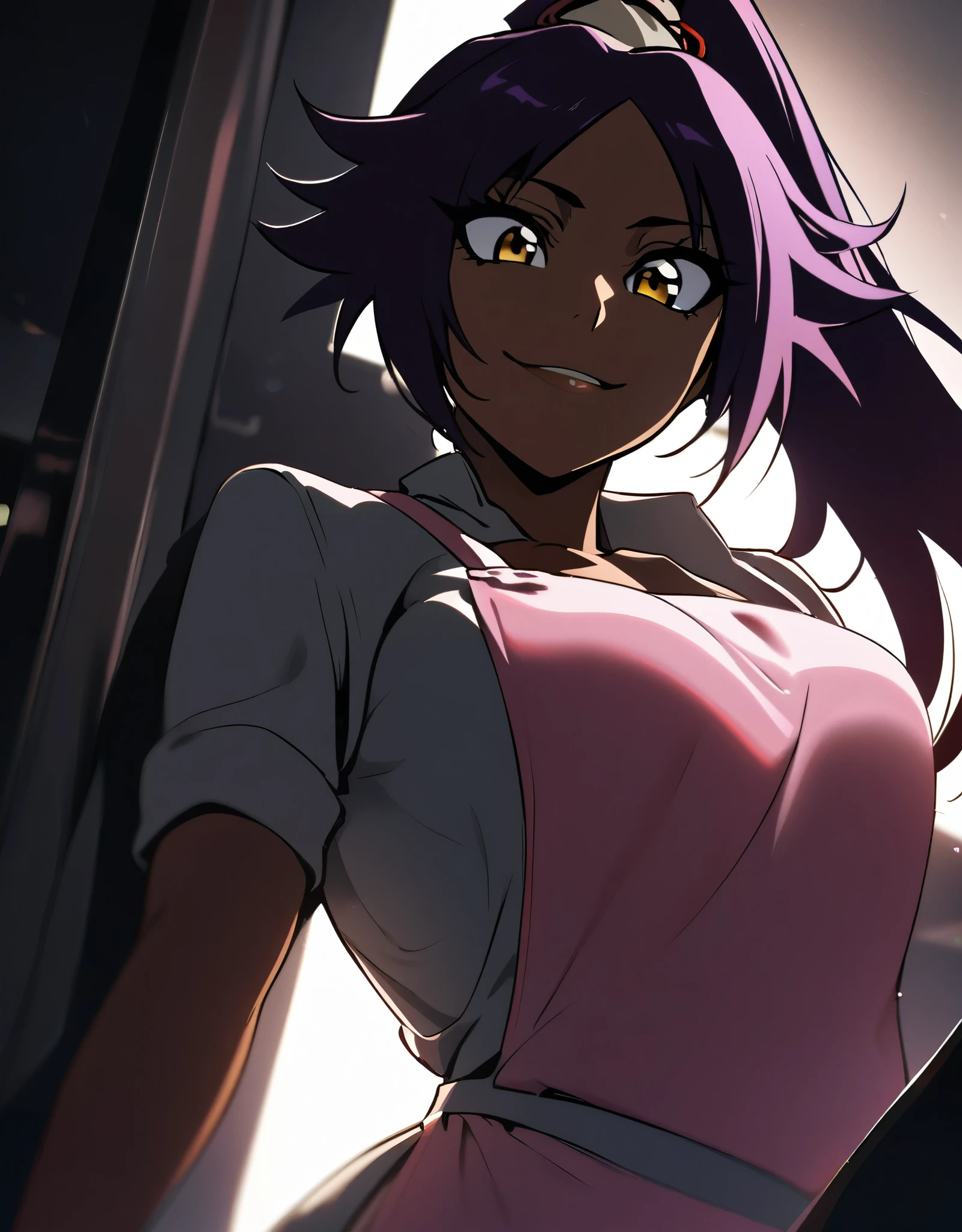 1girl, shihouin yoruichi, bleach, purple hair ,1 ponytail, long hair,hard lighting, noir style portrait,masterpiece, best, wearing pink apron , dynamic position, quality, absurdres, smiling, looking at audience, photo from the belly cleavage, photo taken from the below